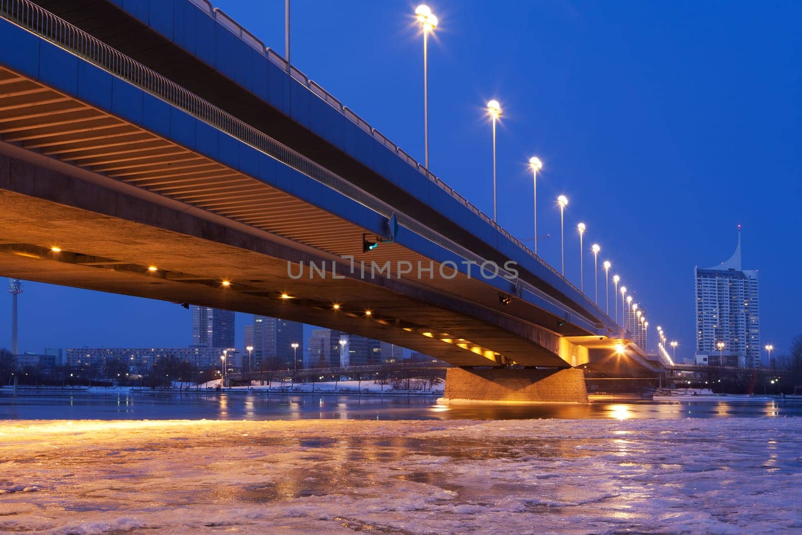 Vienna at night,Danube,icy water in winter