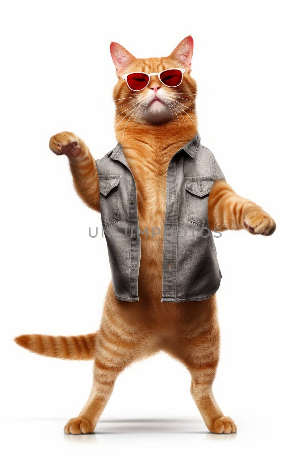 Cool ginger cat in a denim shirt and red sunglasses standing on a white background.