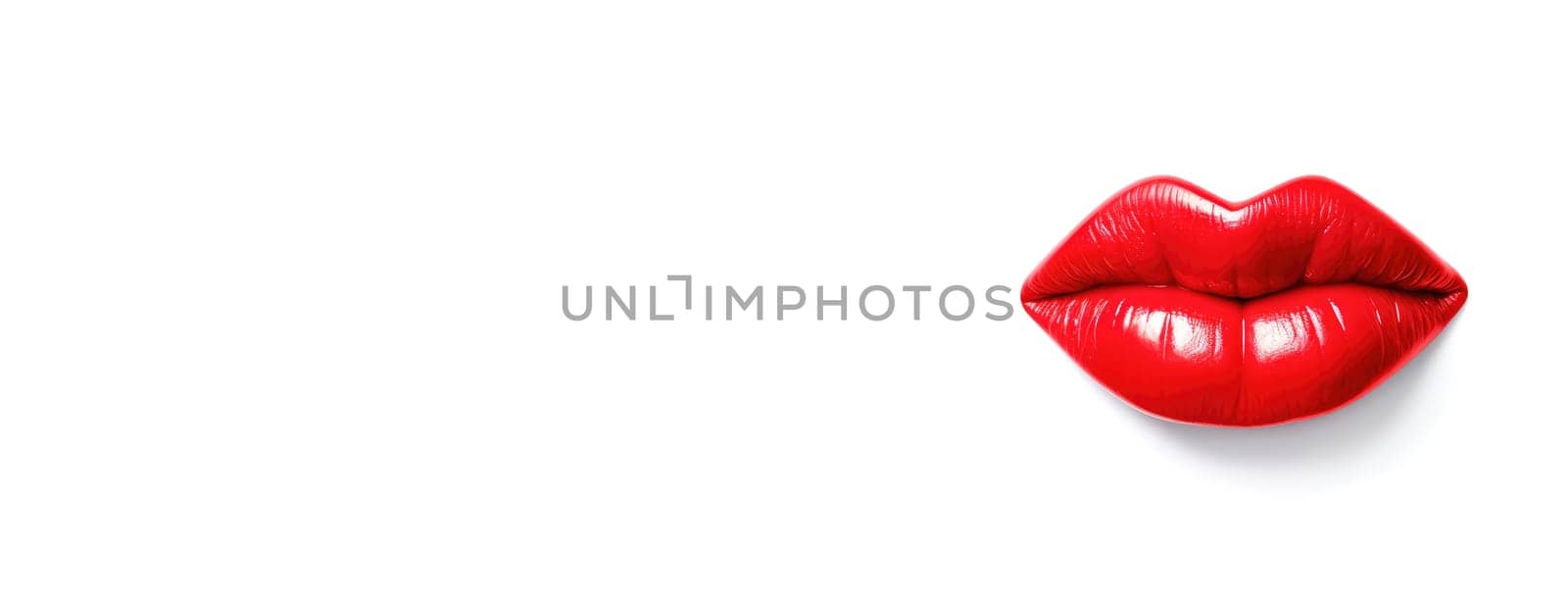 Banner of 3D realistic smiling glossy red lips on white. cosmetic, fashion, and romantic designs. Open mouth with teeth, lipstick promotion