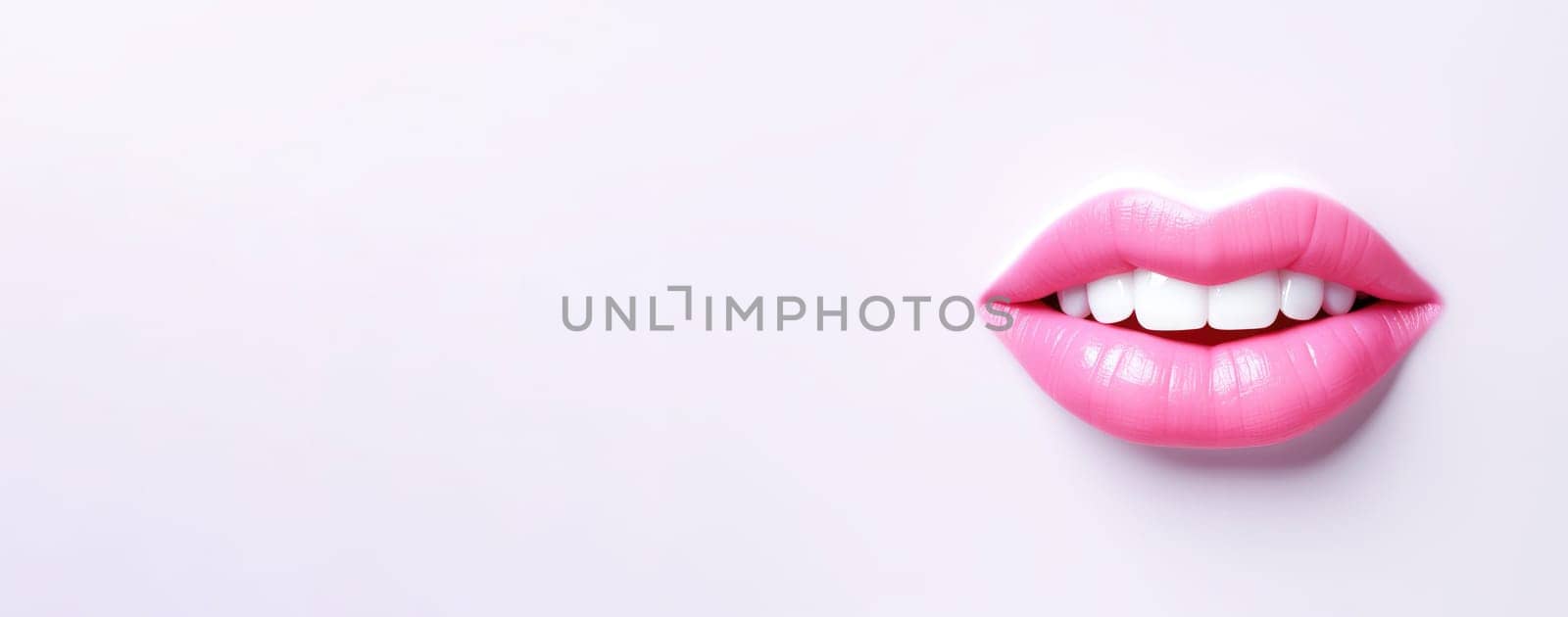 Banner of 3D realistic smiling glossy pink lips on white. cosmetic, fashion, and romantic designs. Open mouth with teeth, lipstick promotion