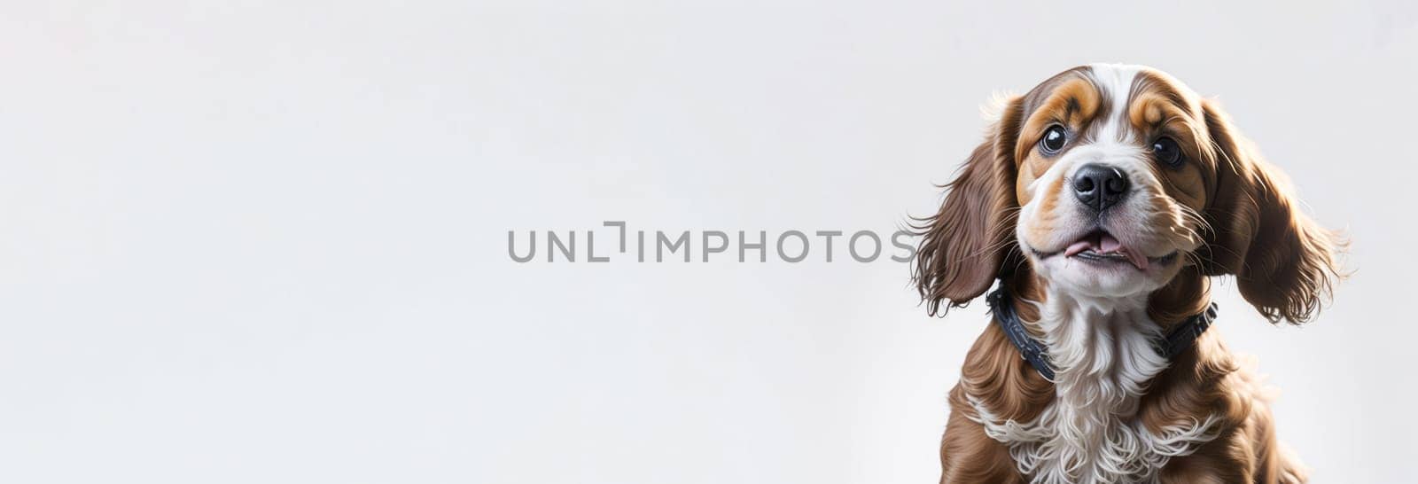 Banner of cute happy cocker spaniel puppy on white background. Space for text. Copy Space. Generative Ai