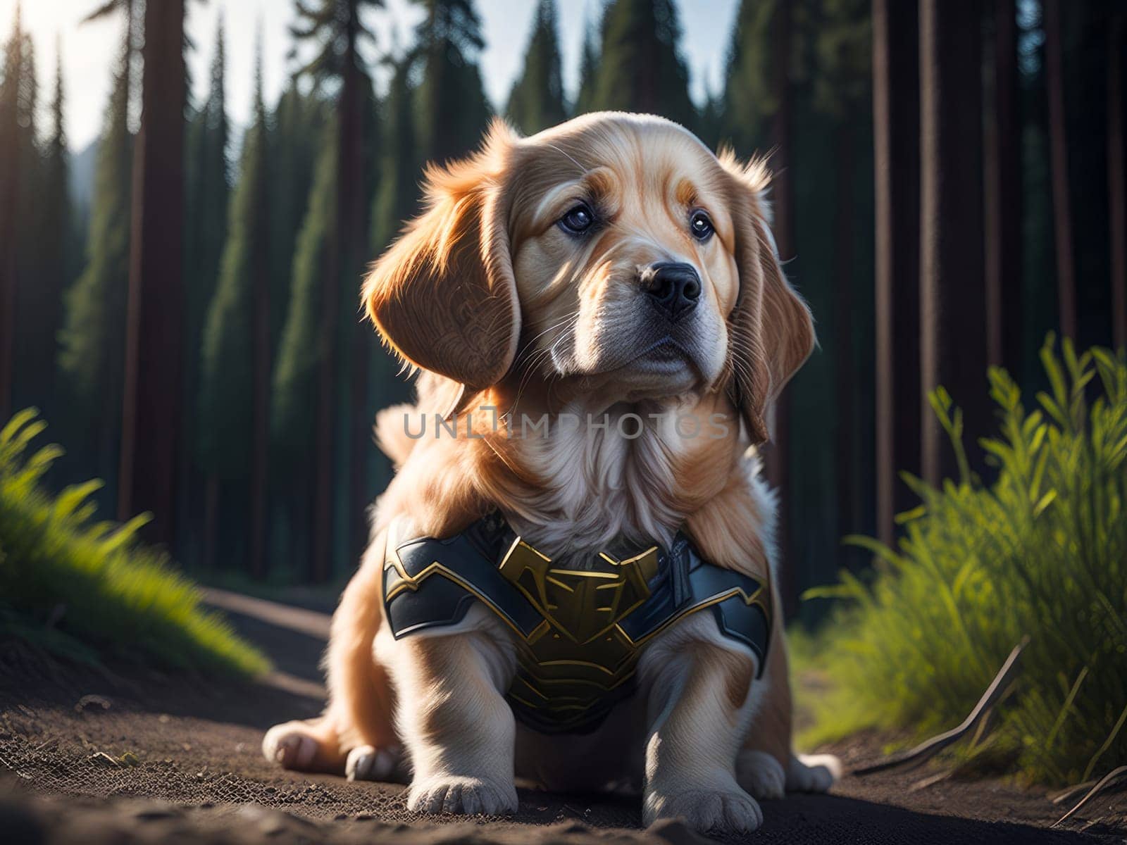 Cute golden retriever puppy wearing superhero costume autumn forest on background. Halloween costume. Dog vacation relax concept. Generative Ai. by JuliaDorian