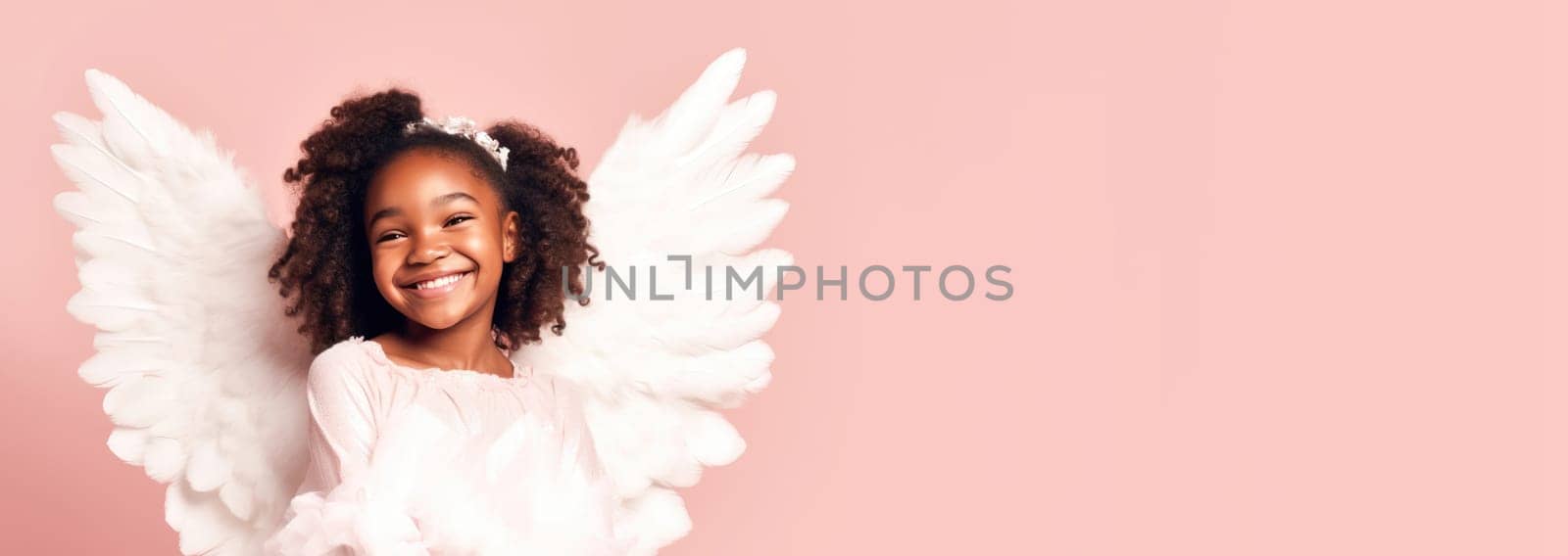 Banner of african american girl in white angel halloween costume looking at camera and smiling over pink background. Happy Halloween. Trick or treat