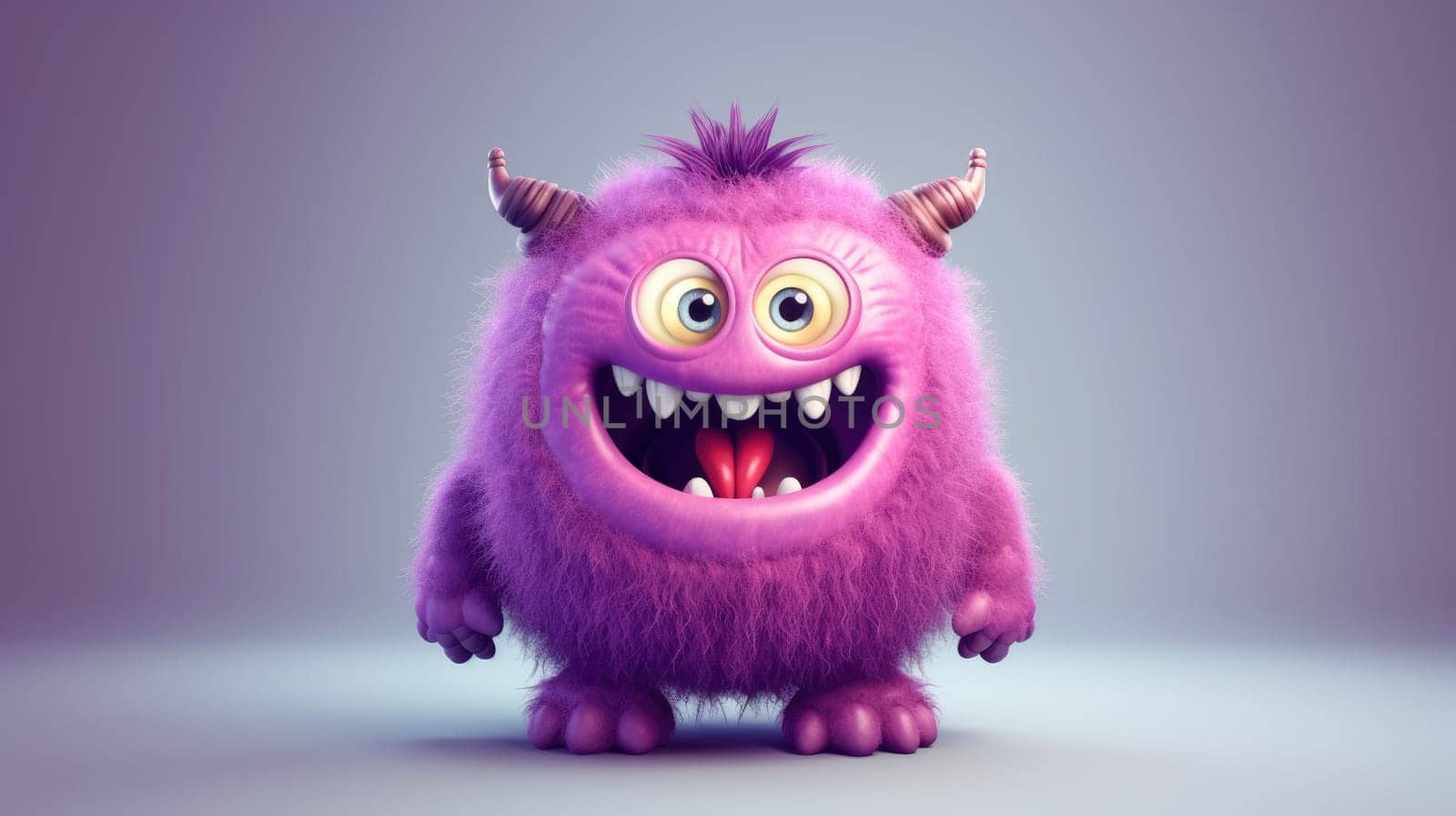 Cute Furry fluffy Pink Monster, cartoon 3d, alien monster illustration, on purple background