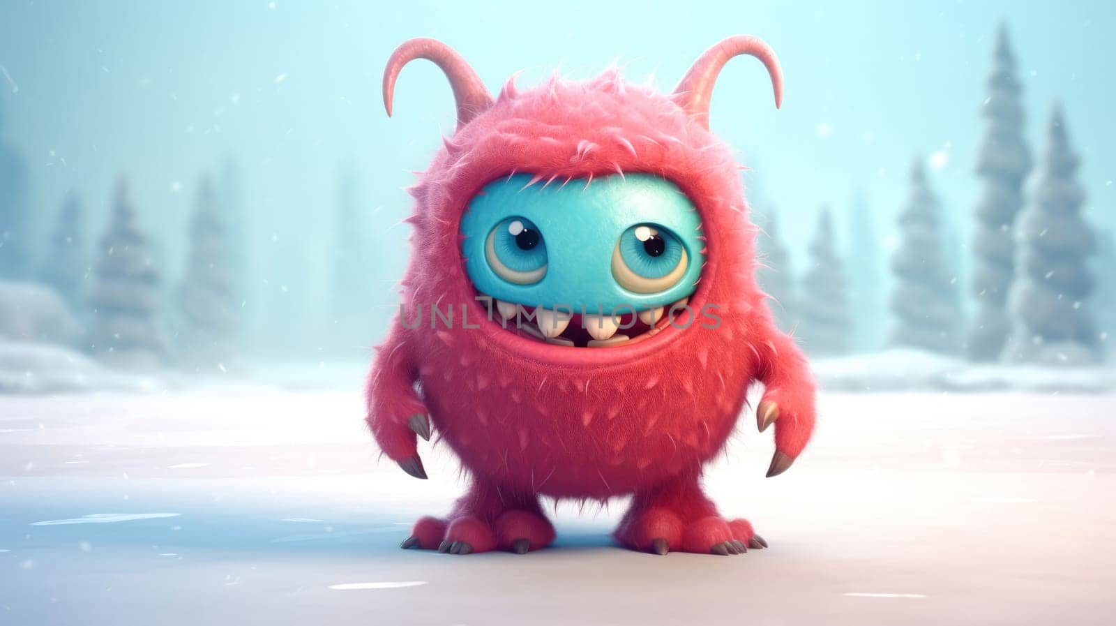 Cute Furry fluffy Red Monster, cartoon 3d, alien monster illustration, on winter background