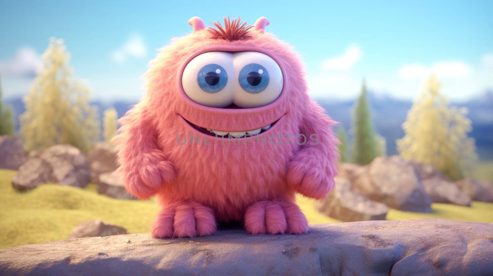 Cute Furry fluffy pink Monster, cartoon 3d, alien monster illustration, on spring background. by JuliaDorian