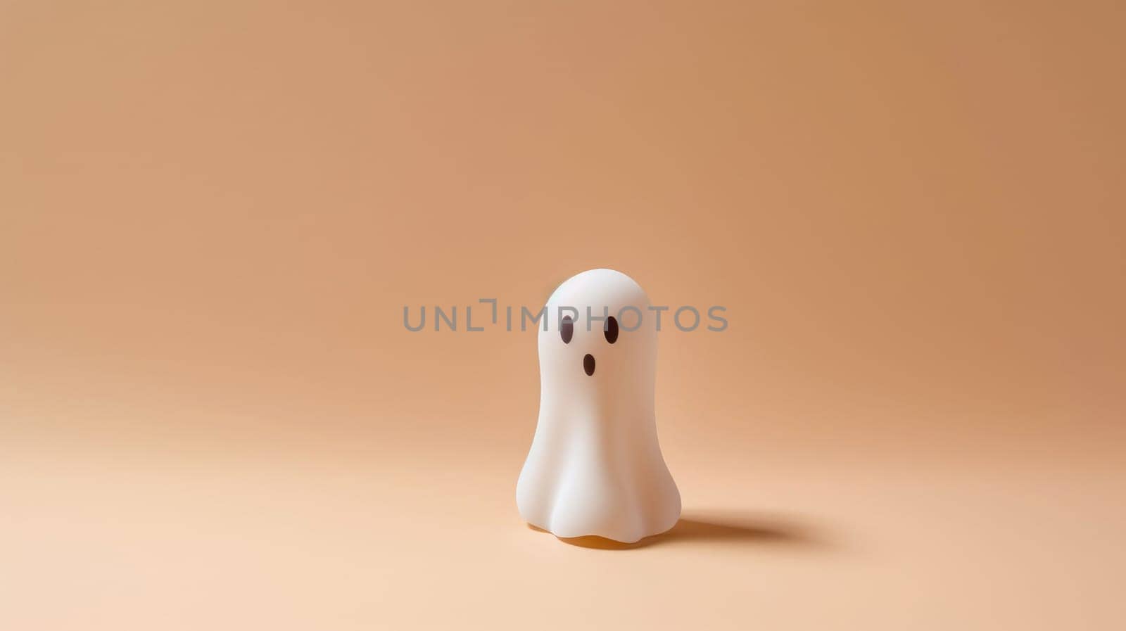White ghost toy on orange background. Minimal Happy Halloween scary concept. Trick or treat
