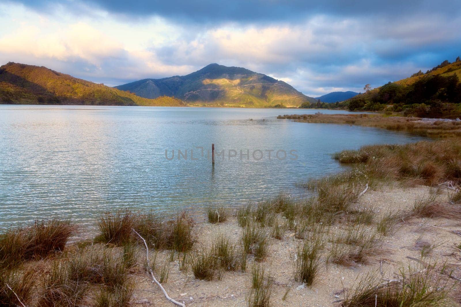 Beautiful evening scene at a lake shore in New Zealand