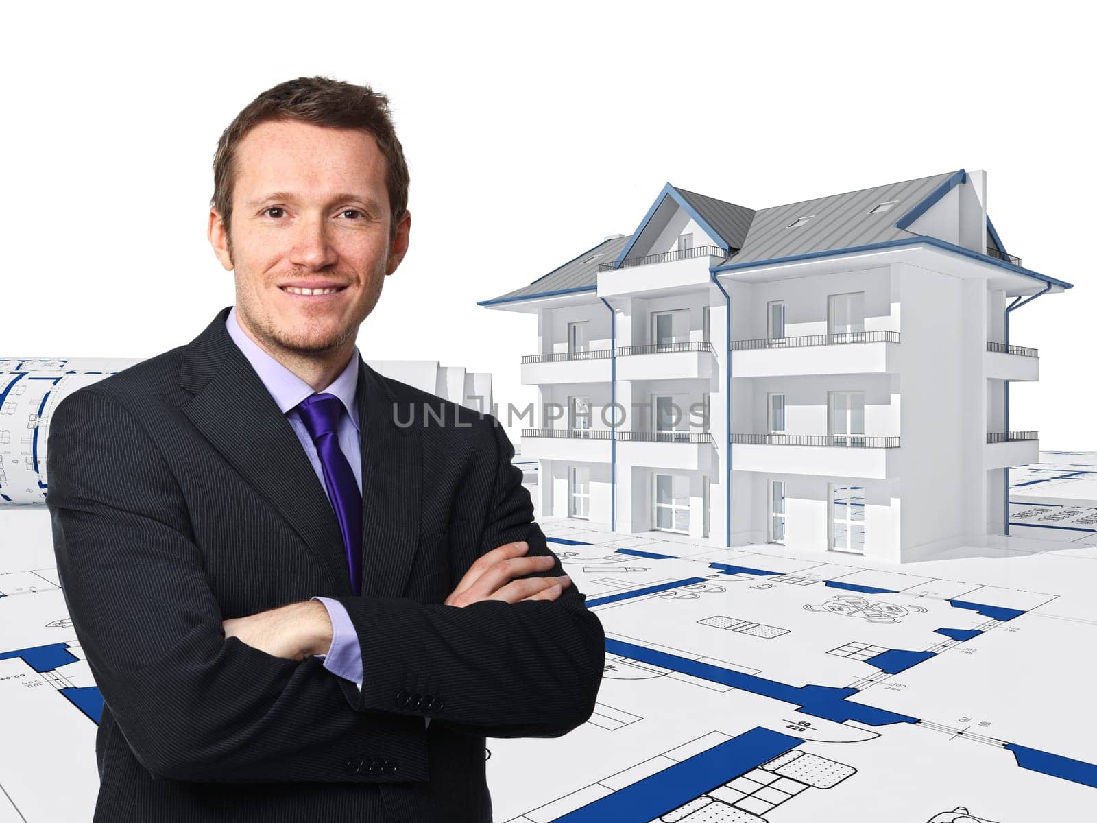 portrait of businessman and 3d house background