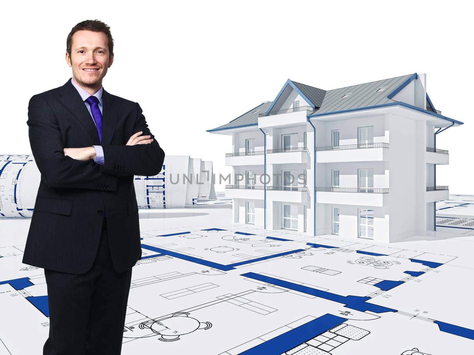 standing businessman and 3d house