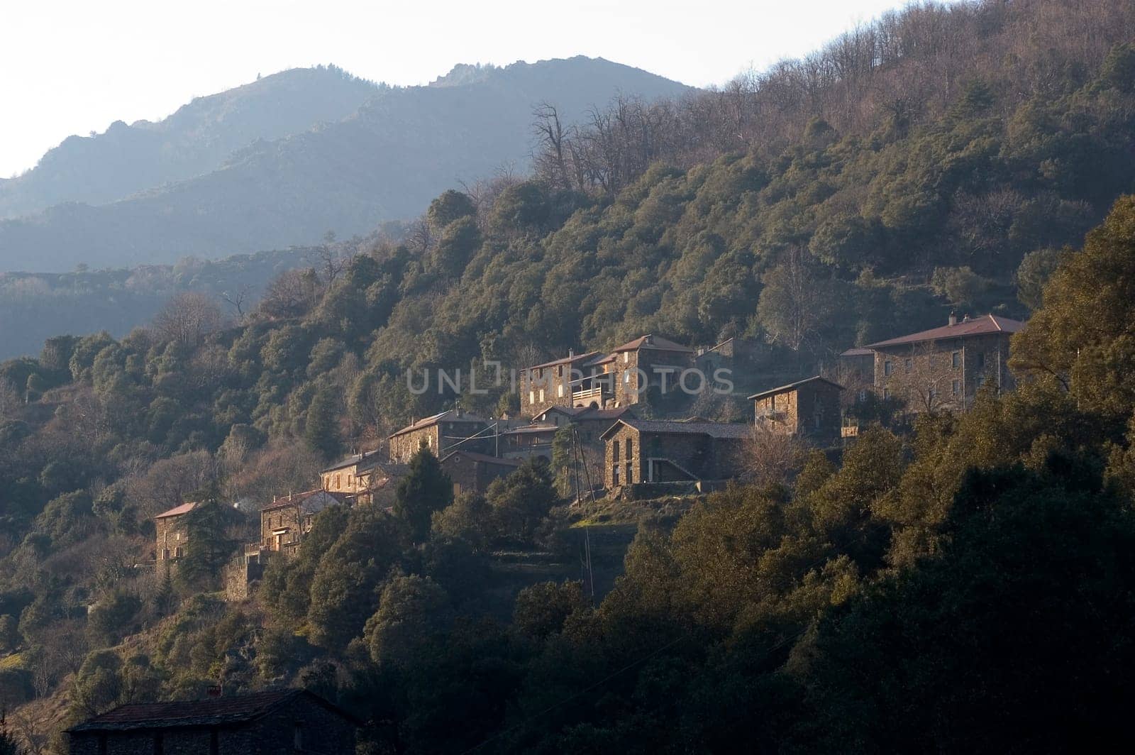 landscape of the Cevennes, detached houses in the mountain.