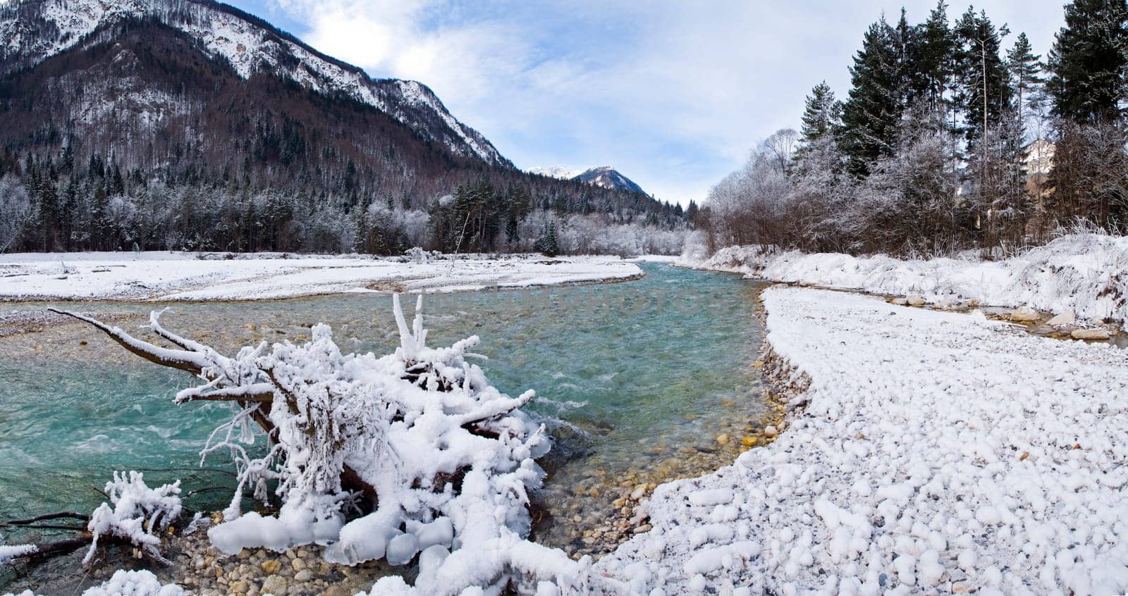 beautiful winter landscape with river panoramic shoot