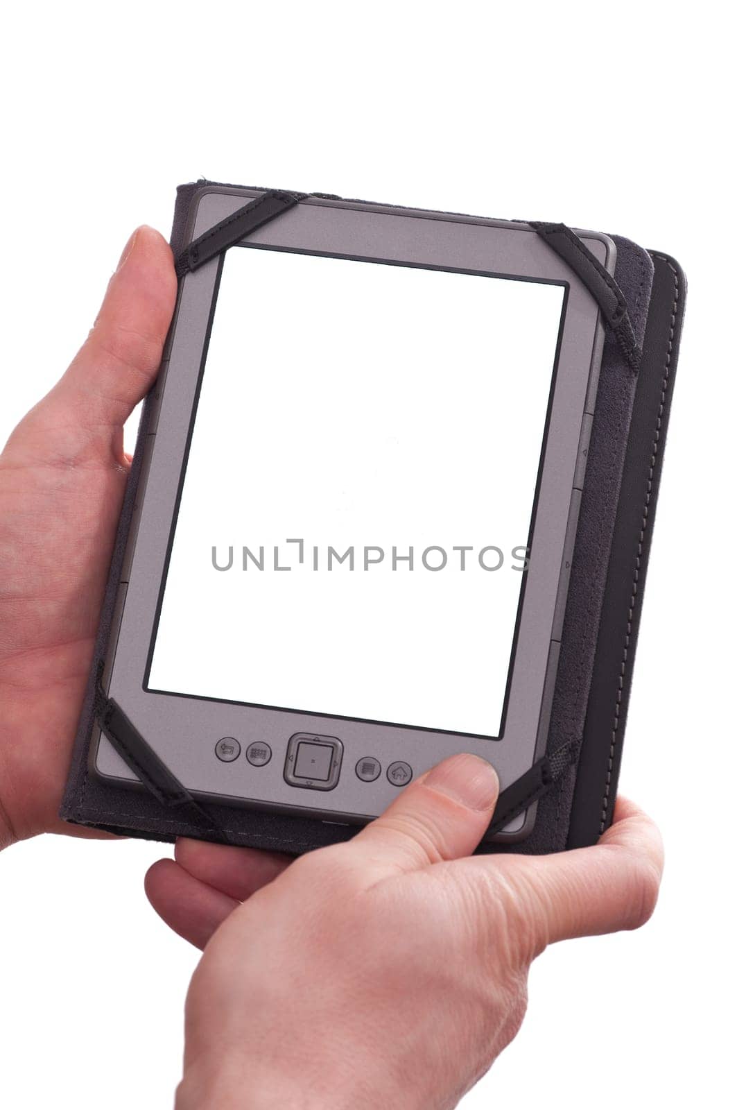 Two hands holding an ebook reader in a bag