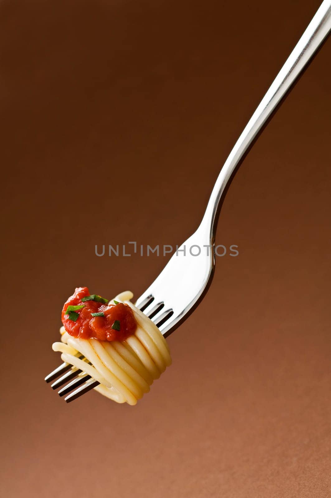 Spaghetti with tomato on fork close up shoot