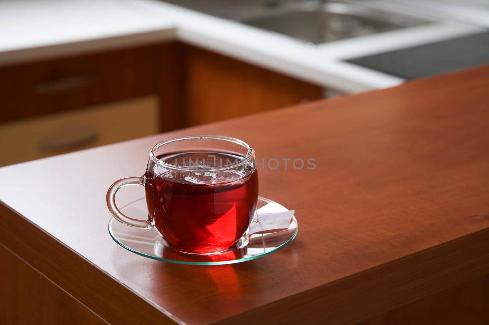 Cup of hot tea close up shoot in the kitchen