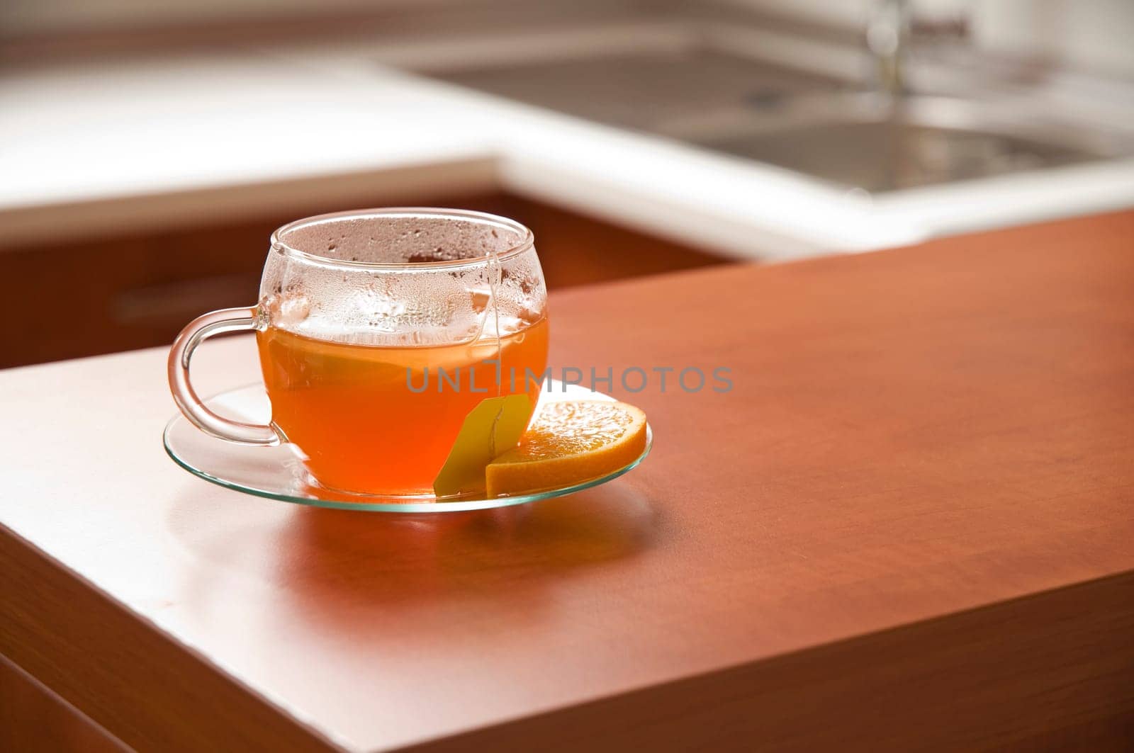 Cup of hot tea close up shoot in the kitchen