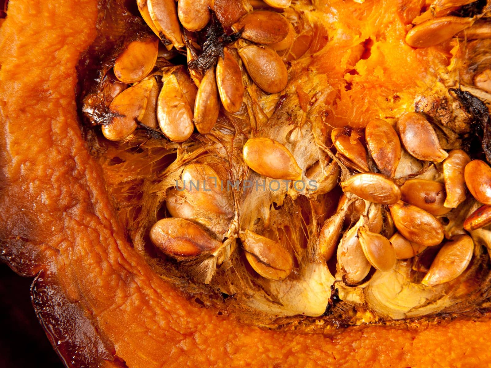 cutted half pumpkin roasted pumpkin macro closeup seeds
