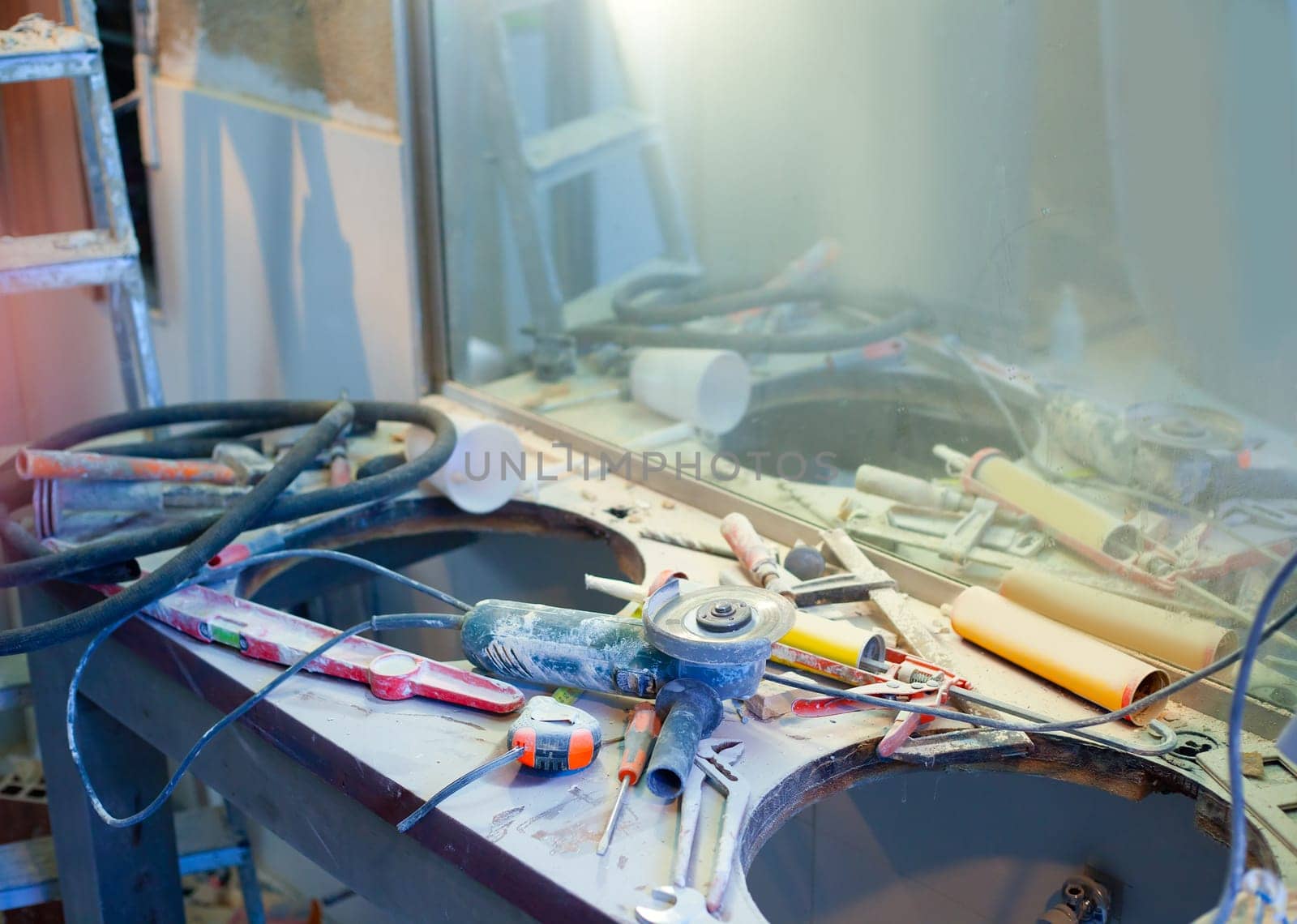 home improvement repair messy clutter with dusted tools handtools