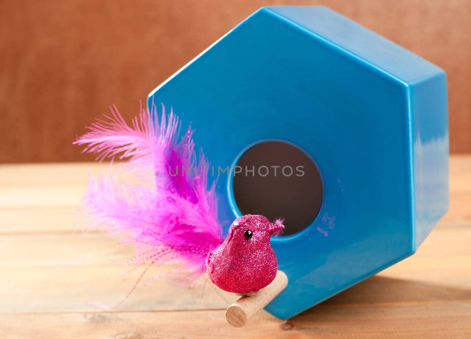bird in blue nest house polygonal shape over wood