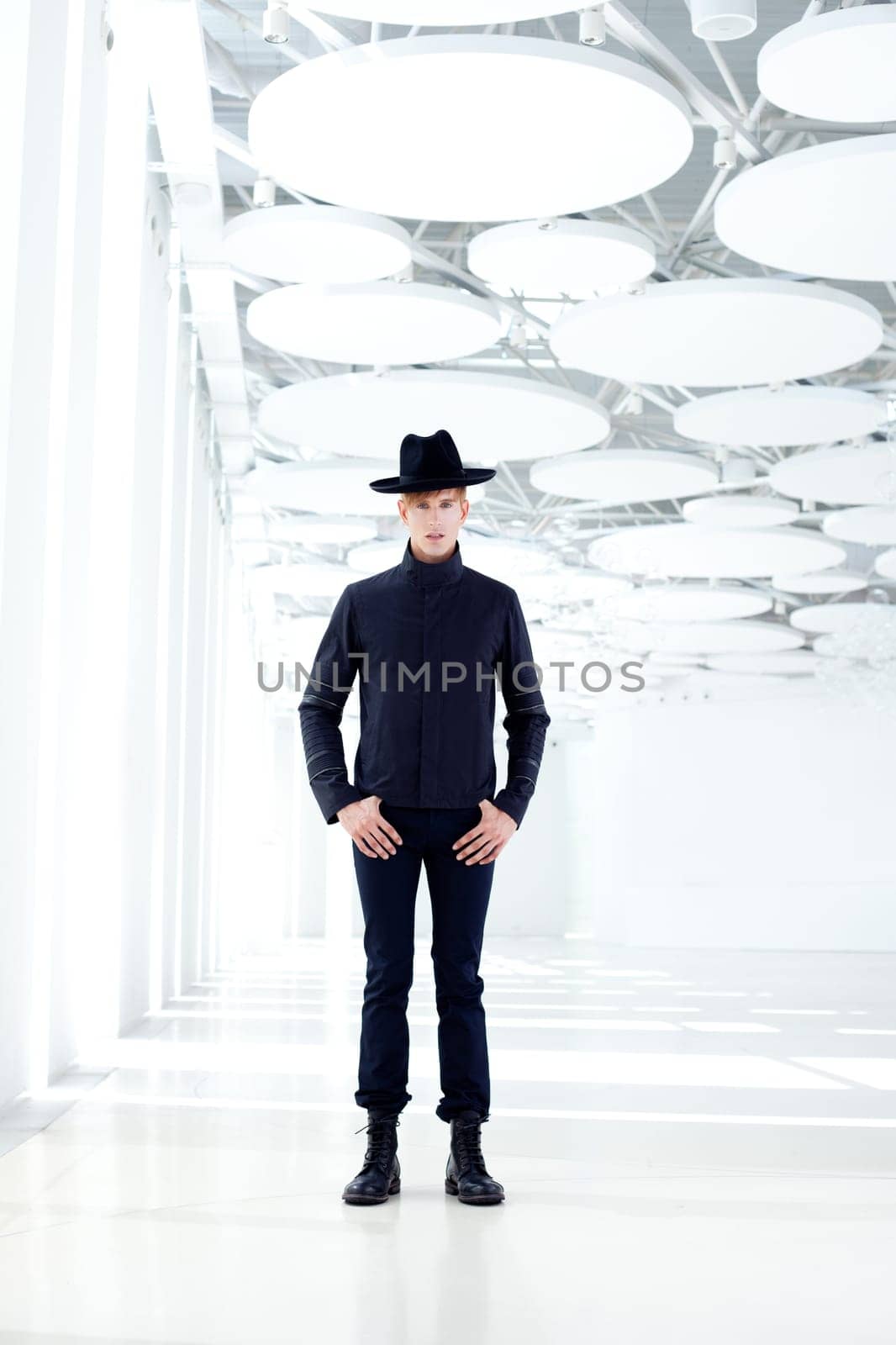 black far west modern fashion man with hat in modern indoor