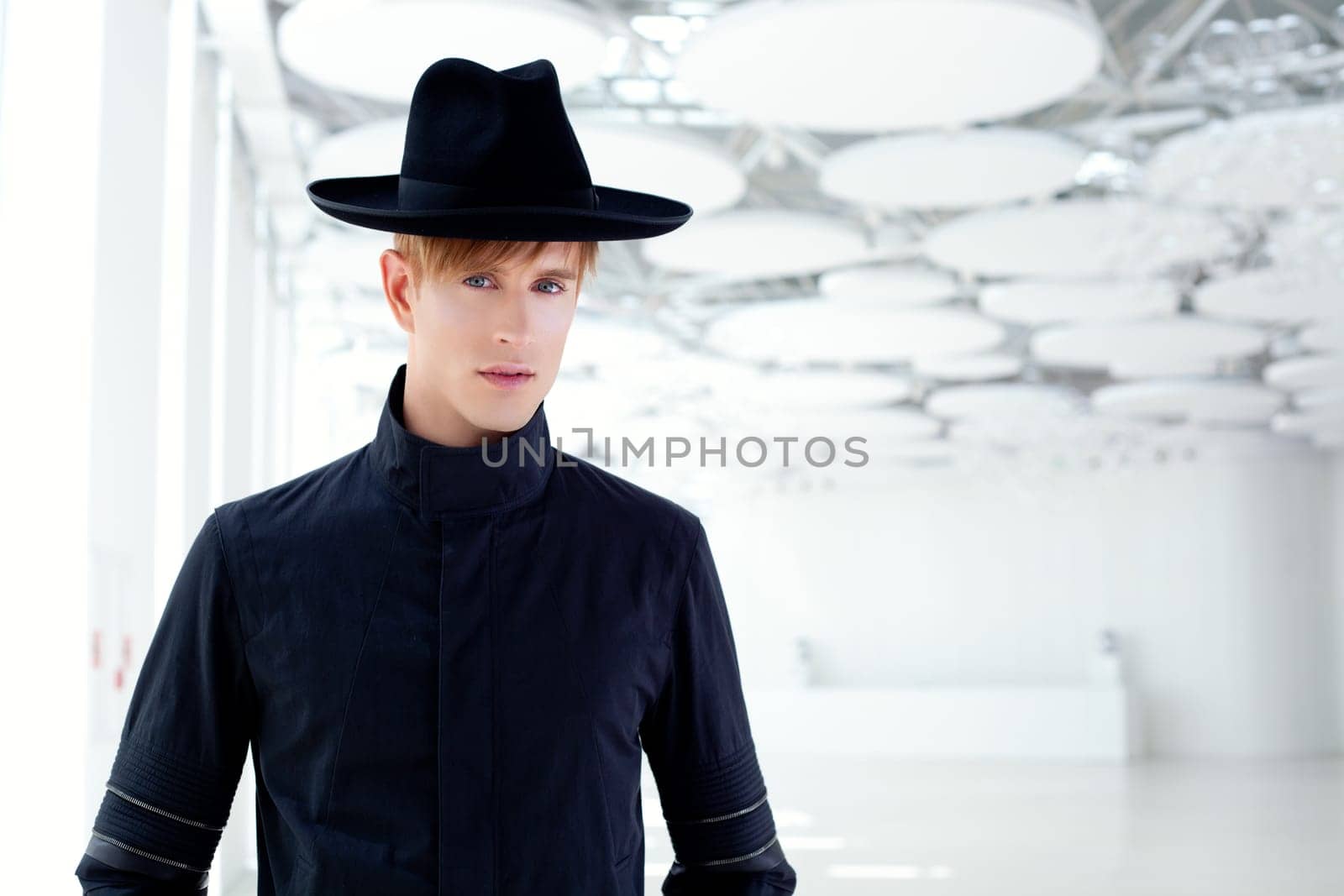 black far west modern fashion man with hat in modern indoor
