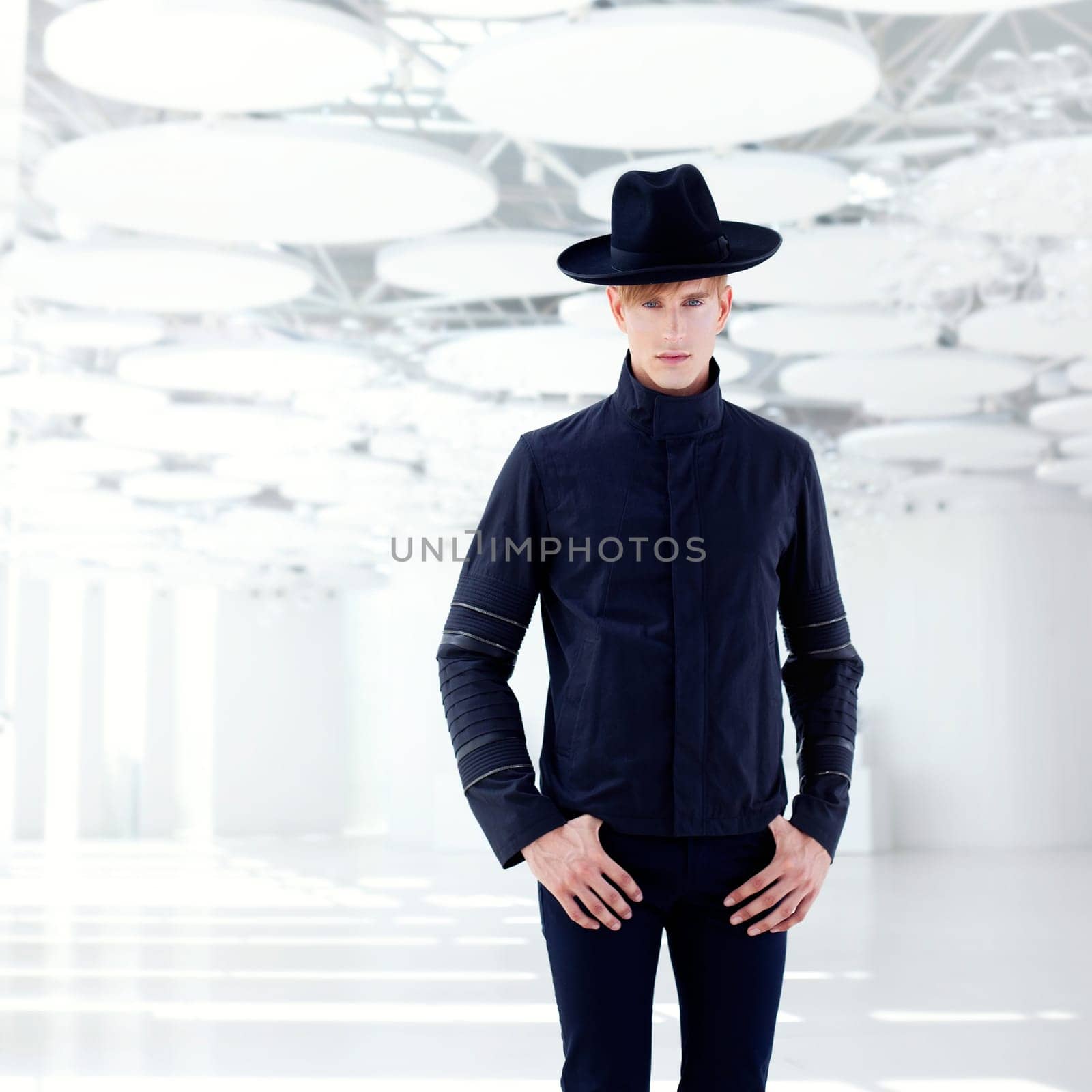 black far west modern fashion man with hat in modern indoor