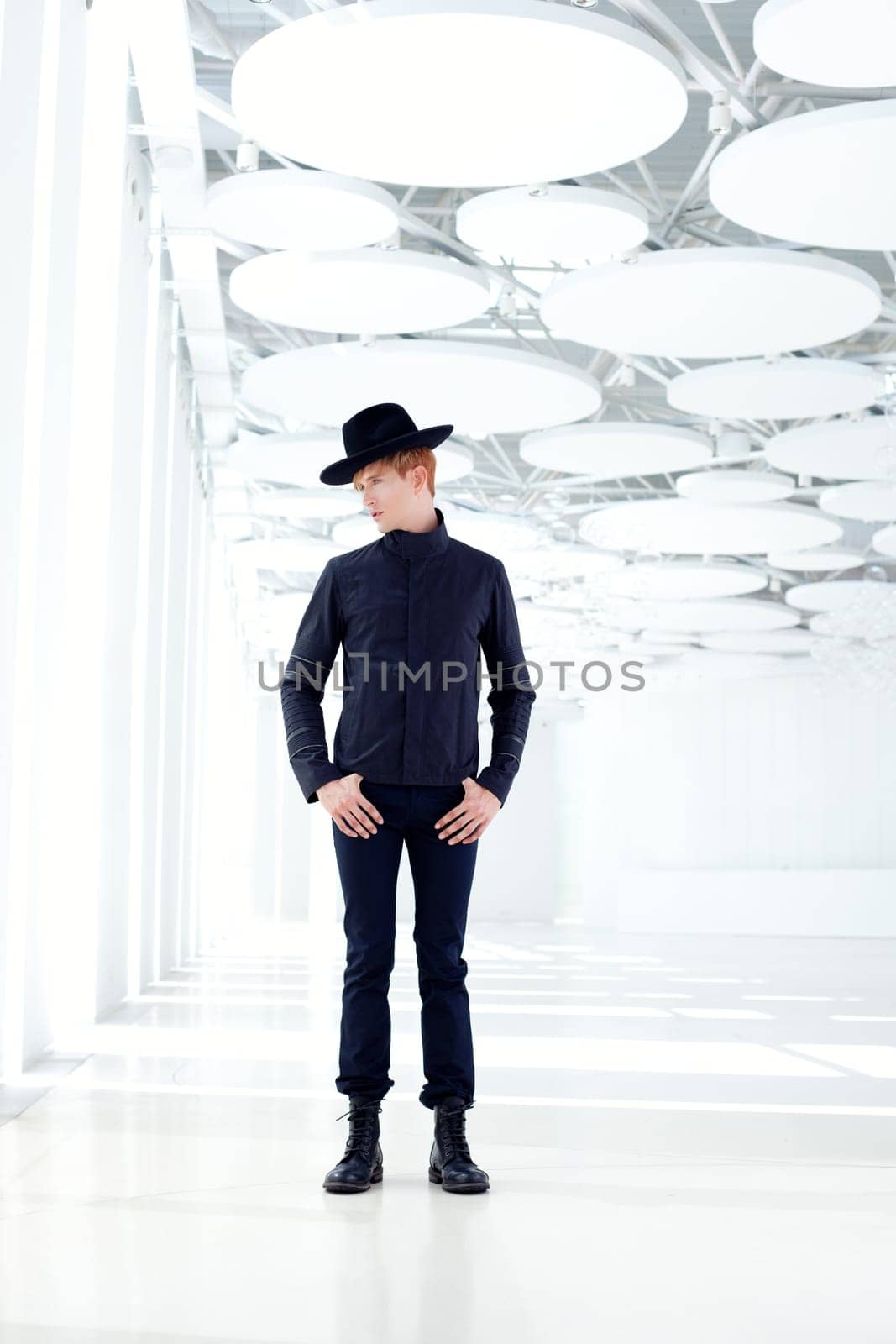 black far west modern fashion man with hat in modern indoor