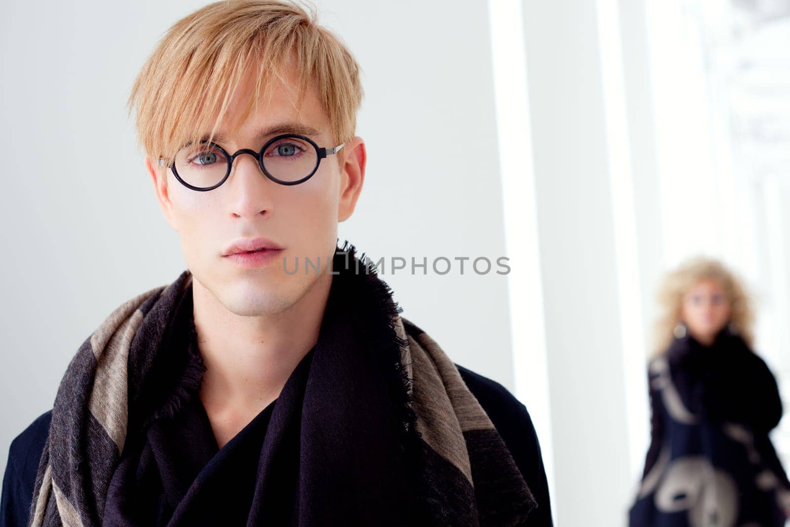 classic modern student man with fashion woman in modern white indoor