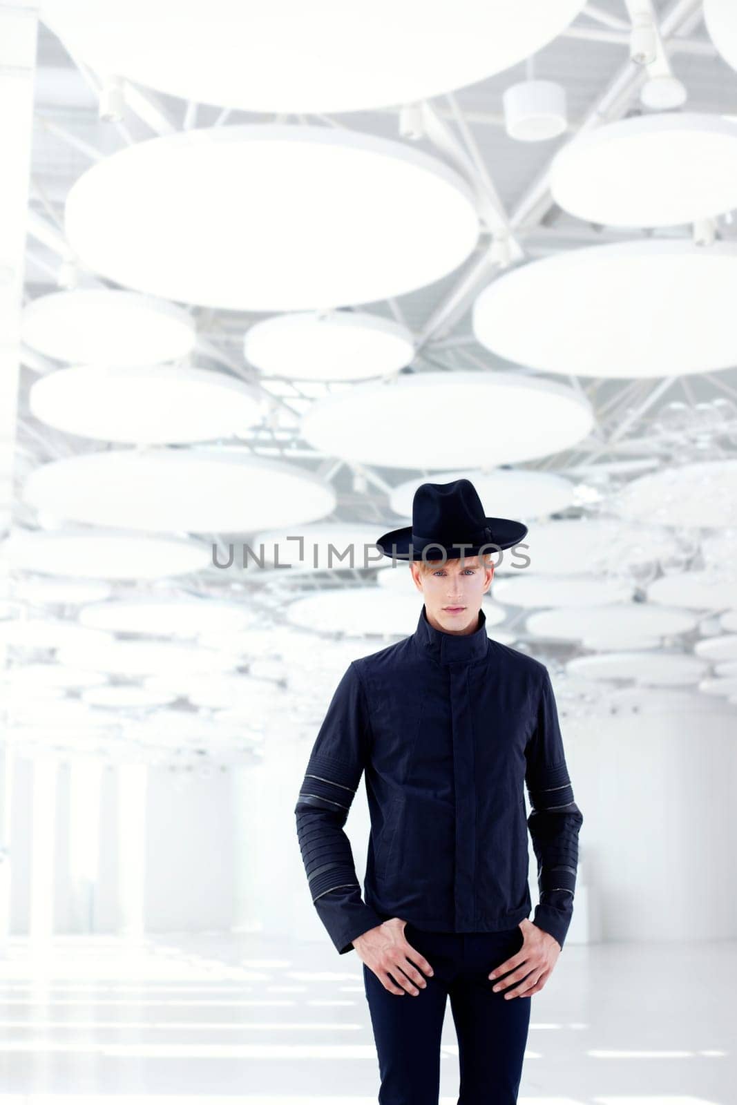 black far west modern fashion man with hat in modern indoor