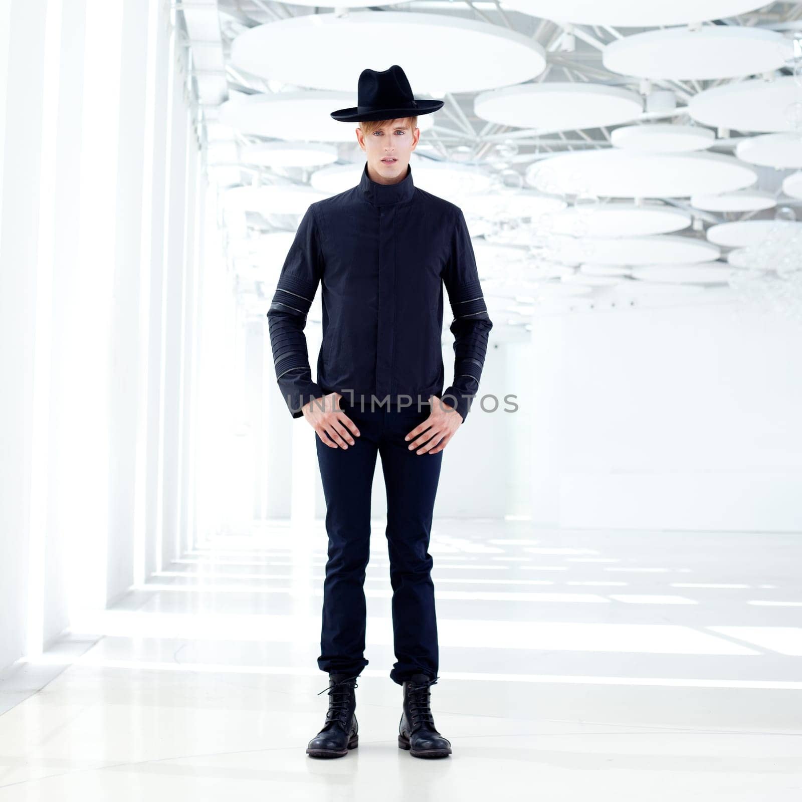 black far west modern fashion man with hat in modern indoor