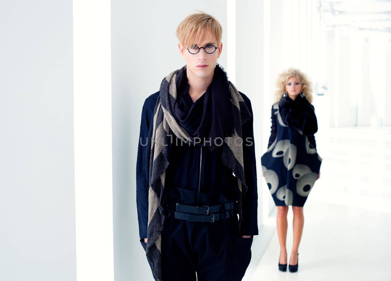 classic modern student man with fashion woman in modern white indoor