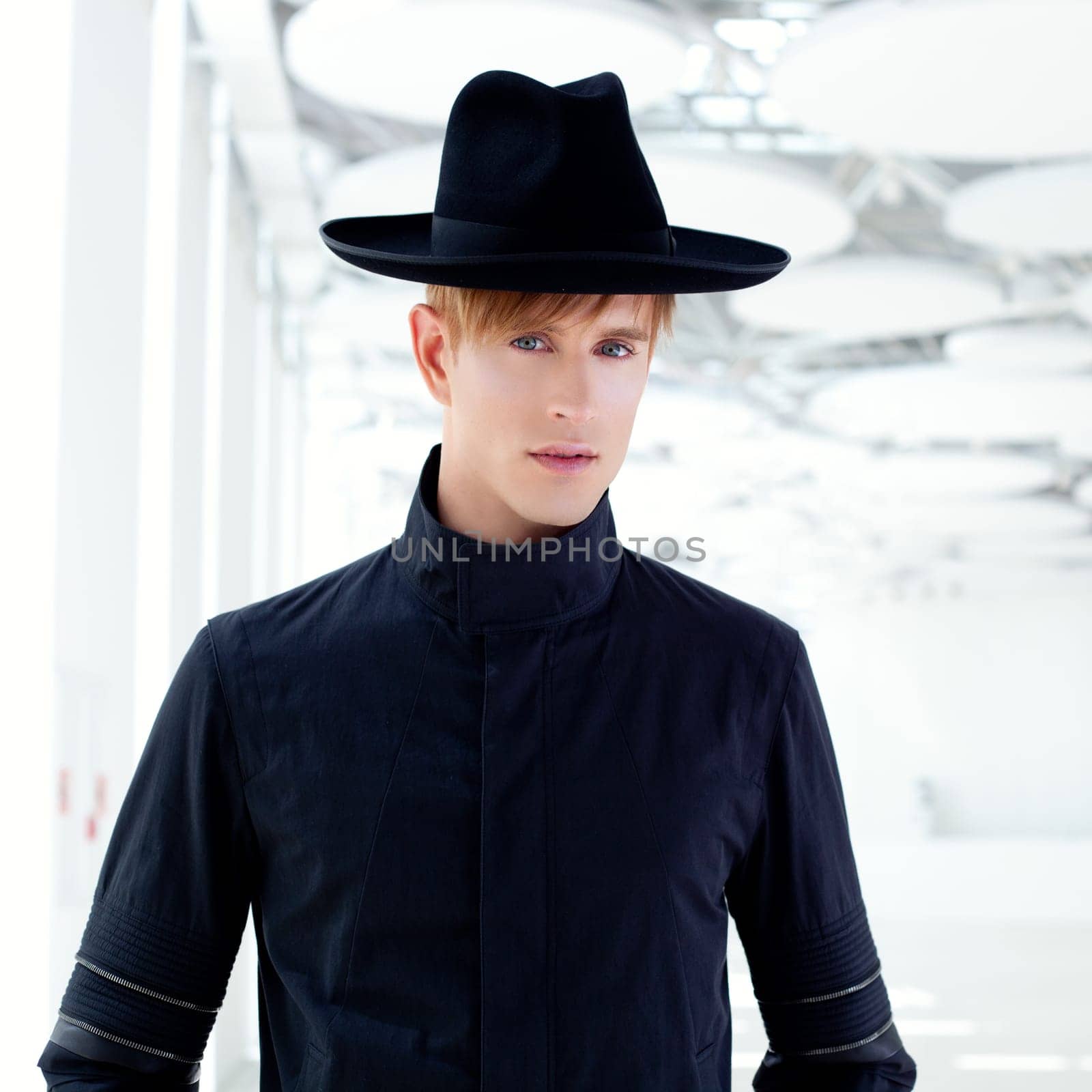black far west modern fashion man with hat in modern indoor