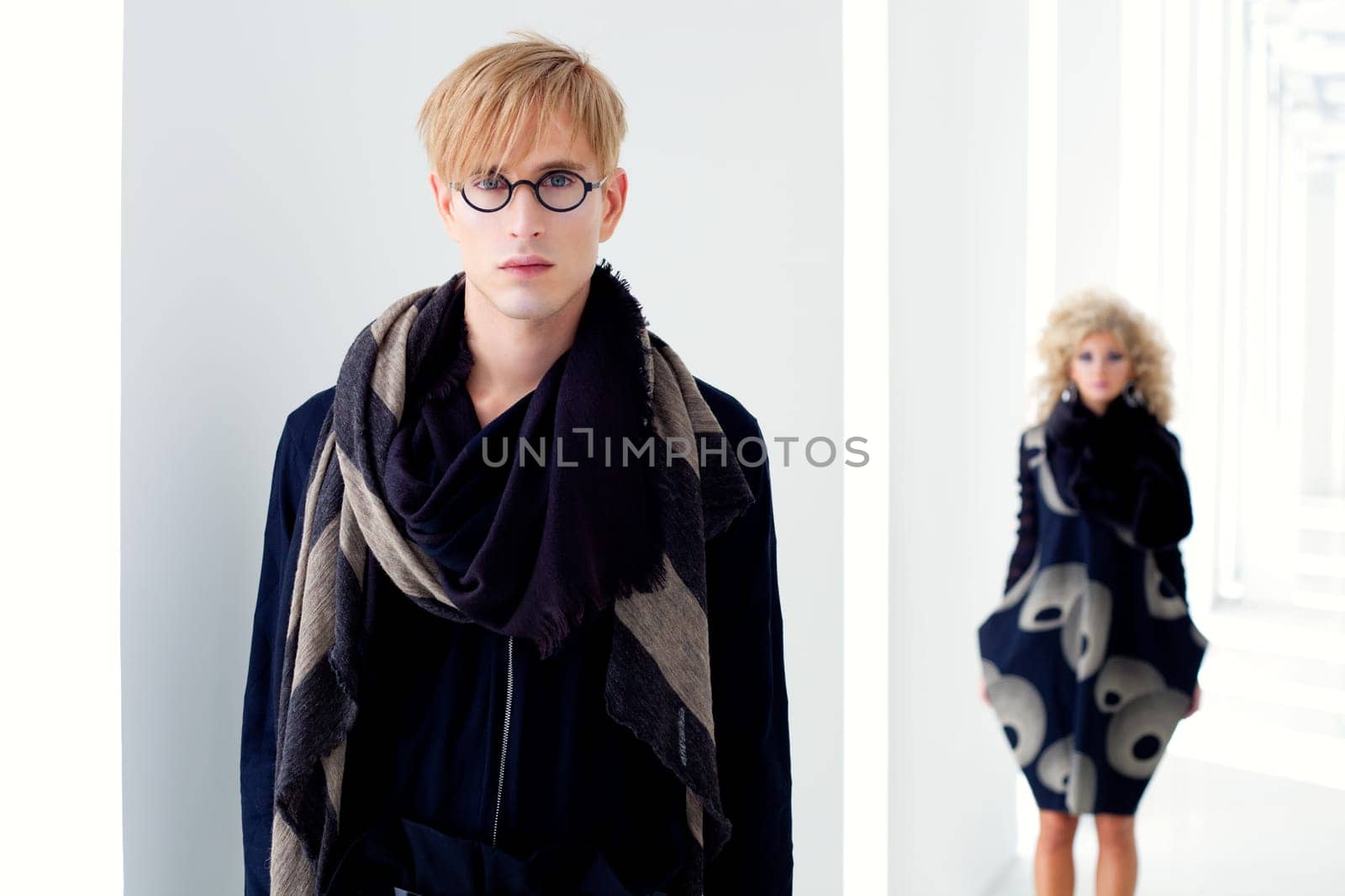 classic modern student man with fashion woman in modern white indoor