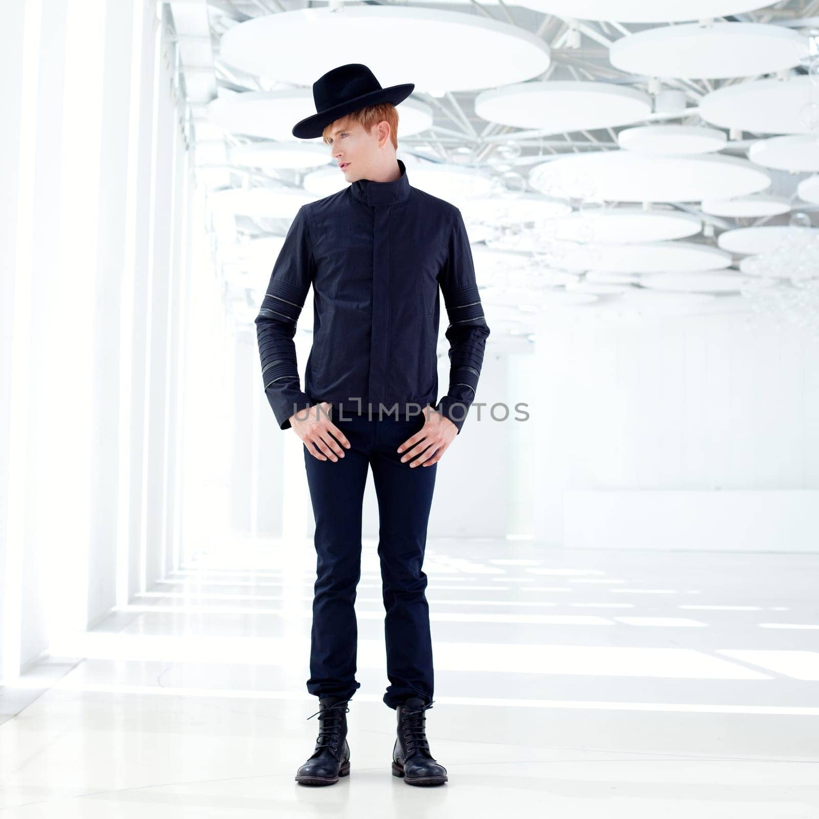 black far west modern fashion man with hat in modern indoor