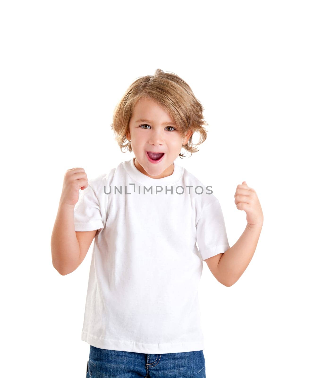 children excited kid with happy winner expression isolated on white