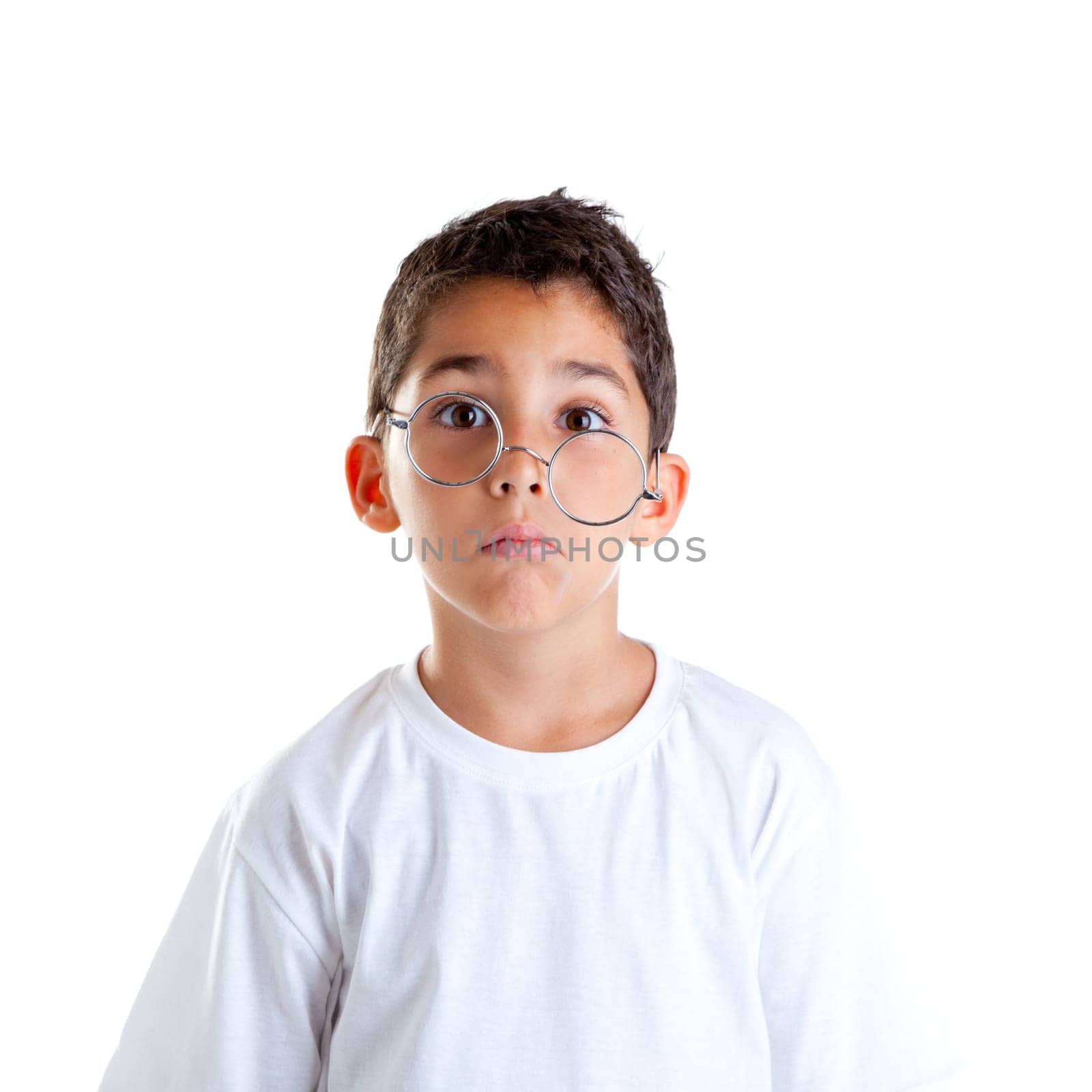 children nerd kid boy with glasses and silly expression isolated on white