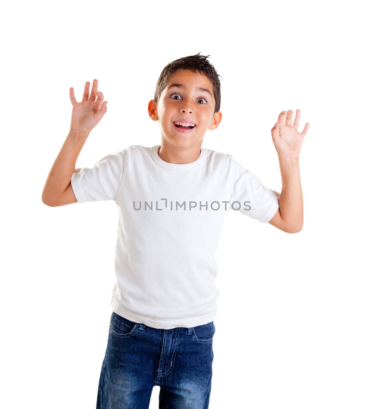 children with funny expression gesture open hand fingers isolated on white