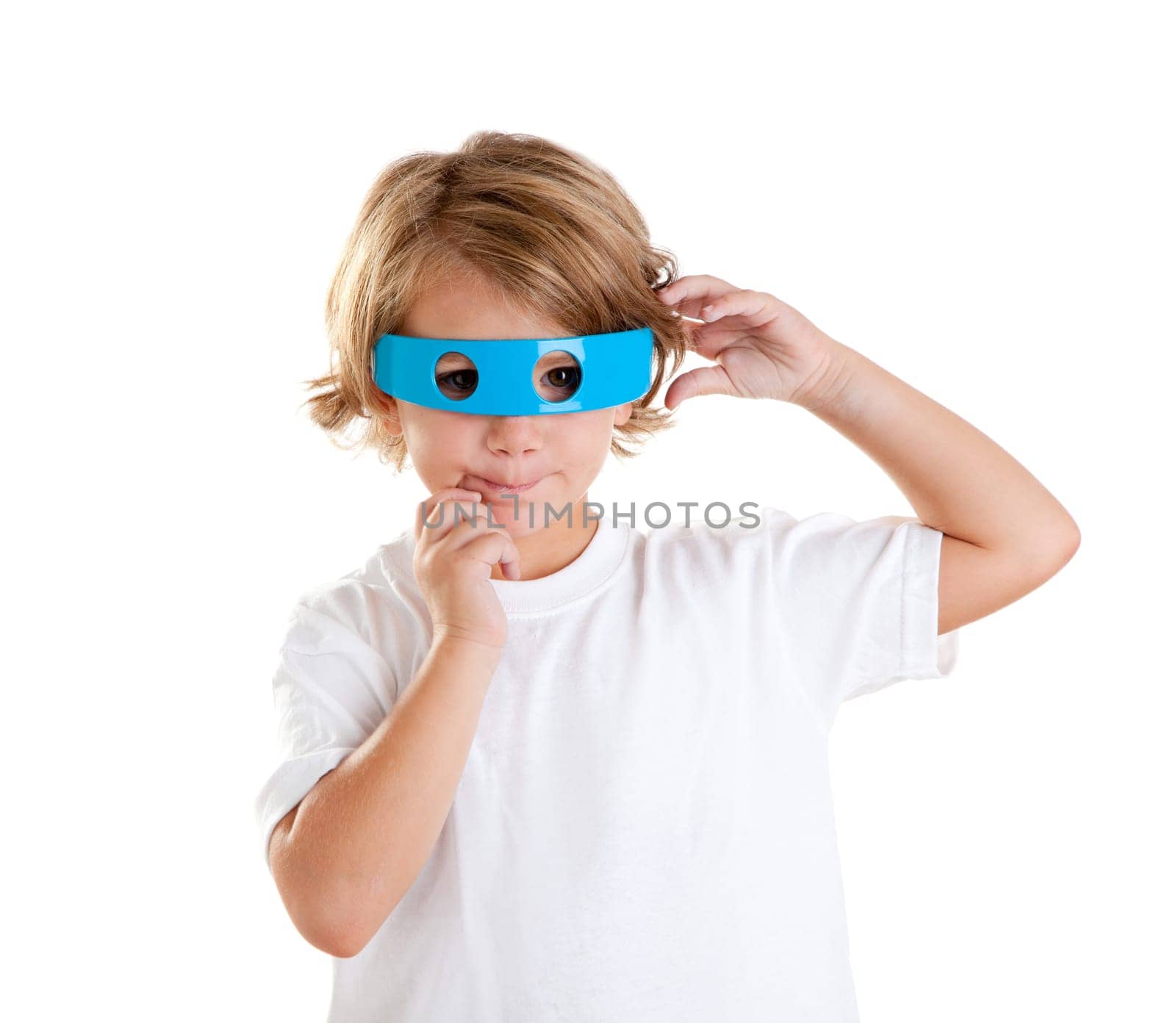 children kid with futuristic funny blue glasses happy on white background