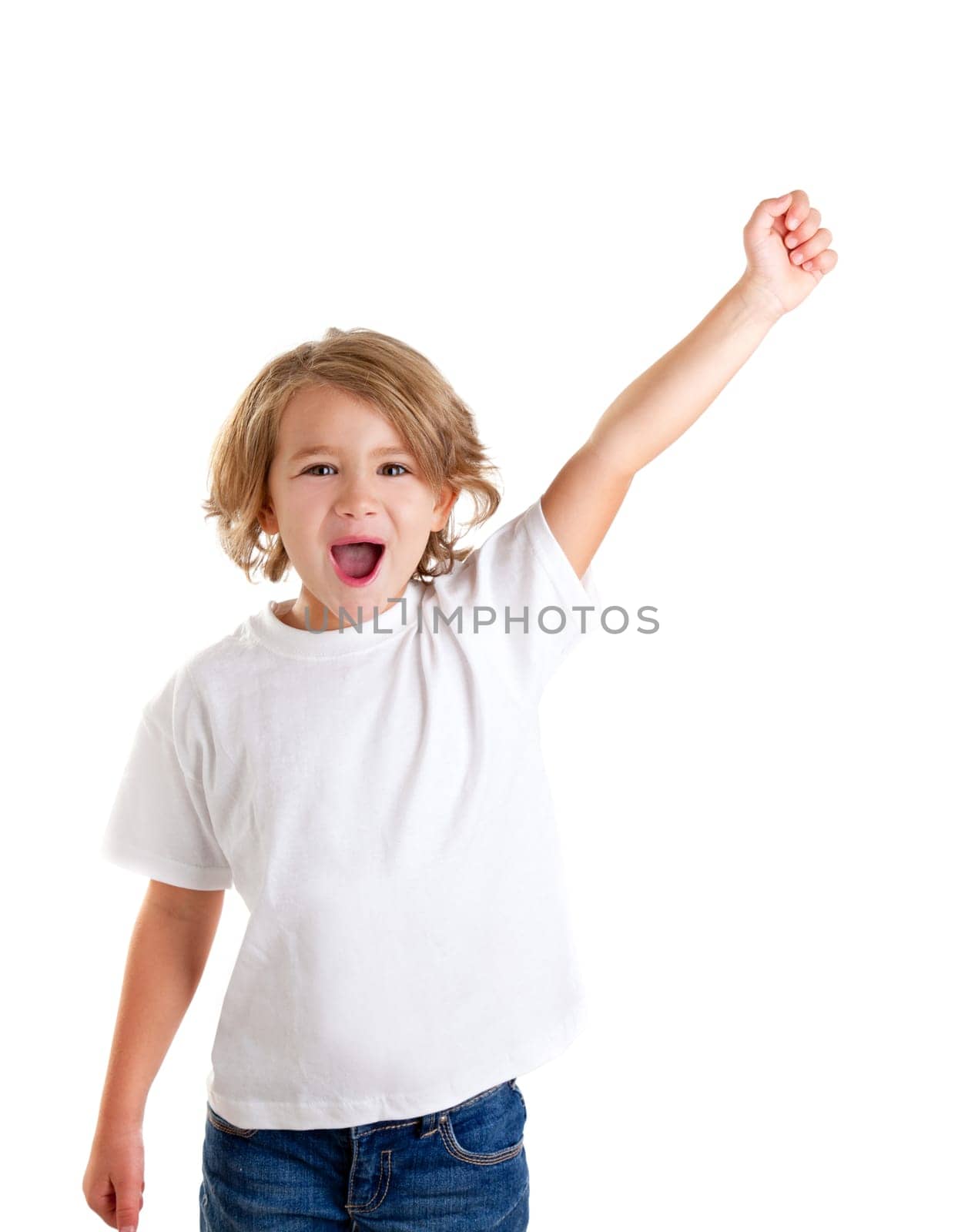 children kid screaming with happy expression hand up isolated on white