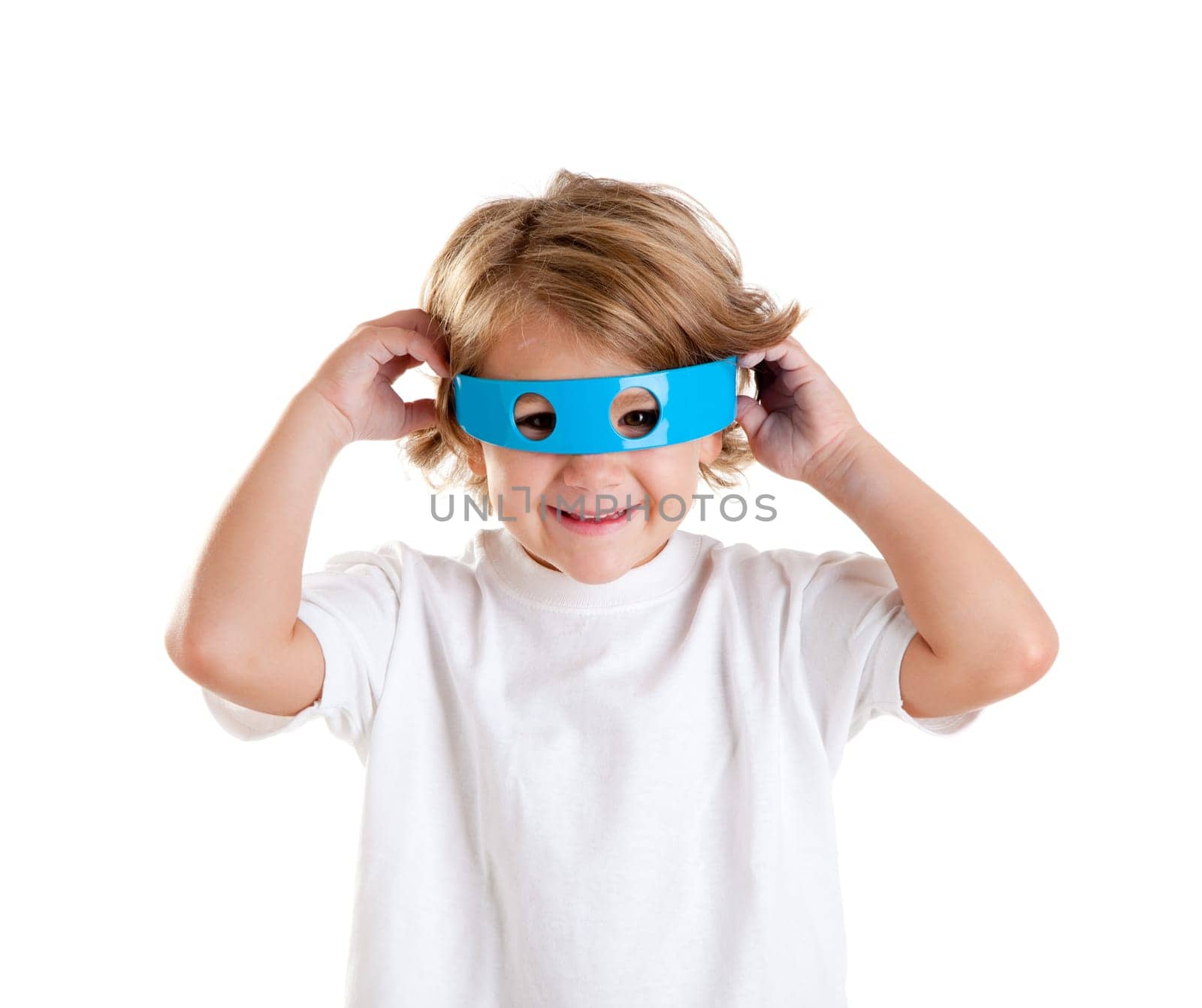 children kid with futuristic funny blue glasses happy on white background