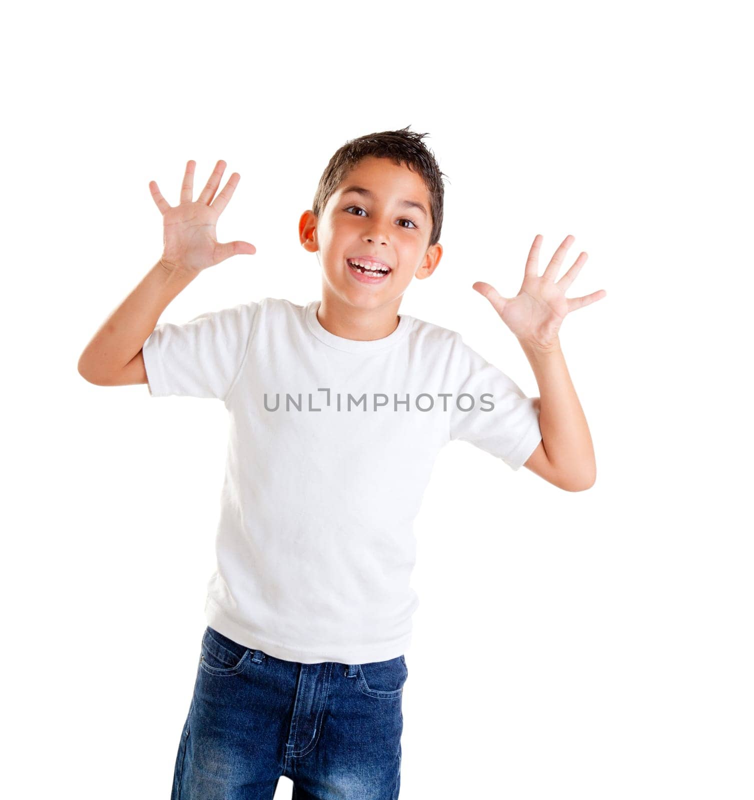 children with funny expression gesture open hand fingers isolated on white