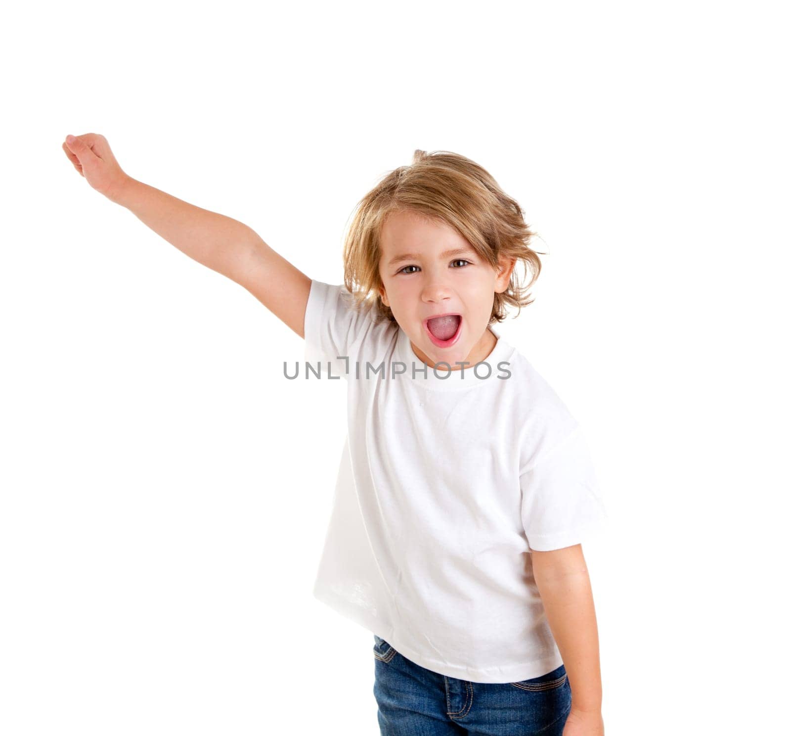 children kid screaming with happy expression hand up isolated on white