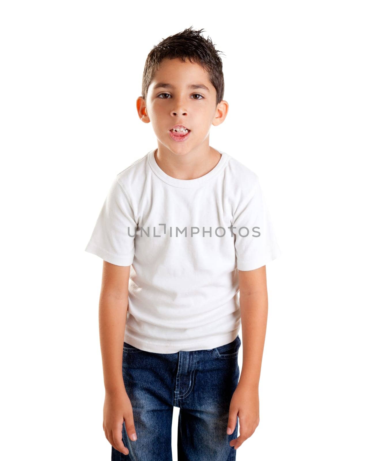 annoyed kid with funny fed up gesture isolated on white