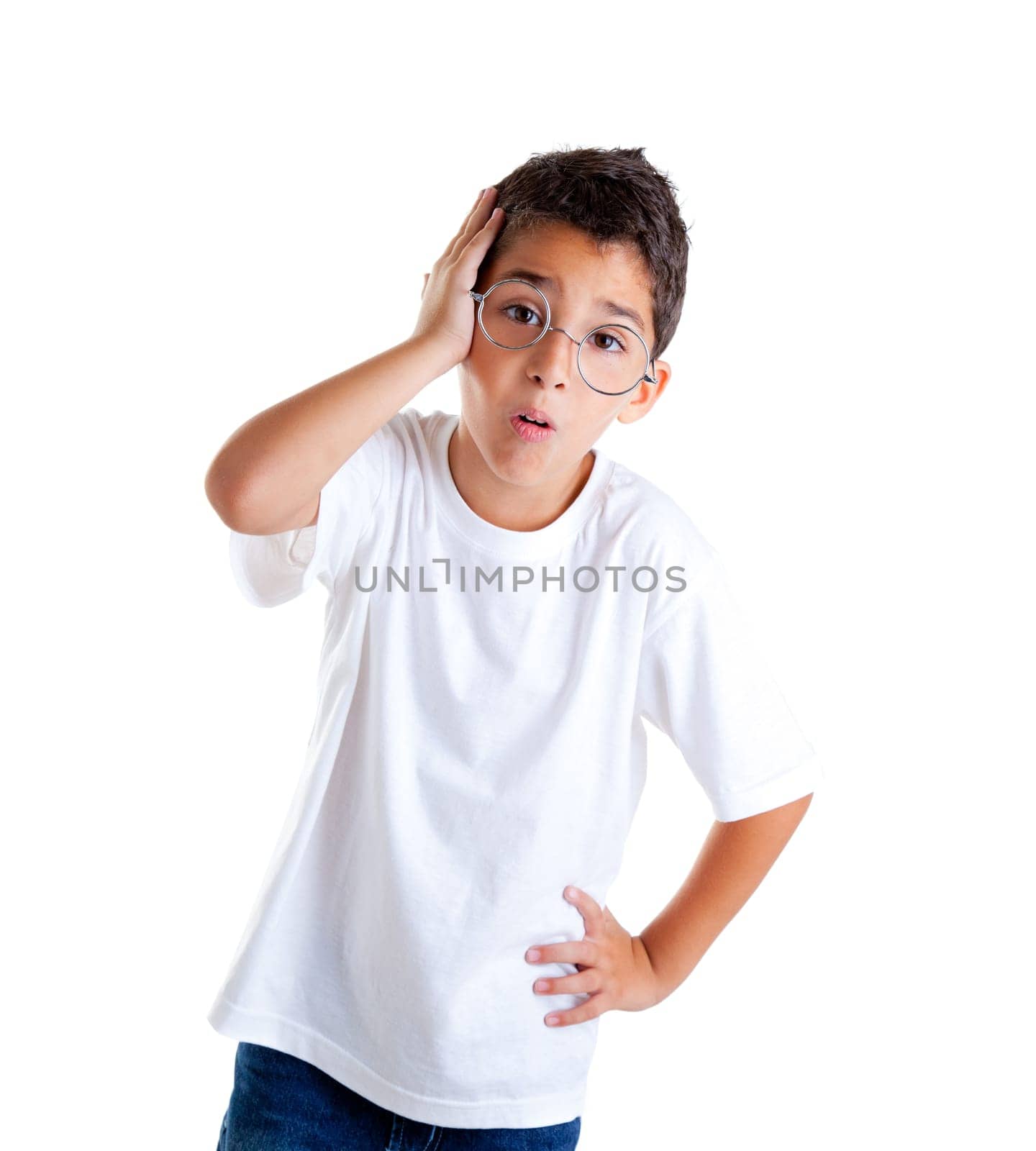 children nerd kid boy with glasses and silly expression isolated on white