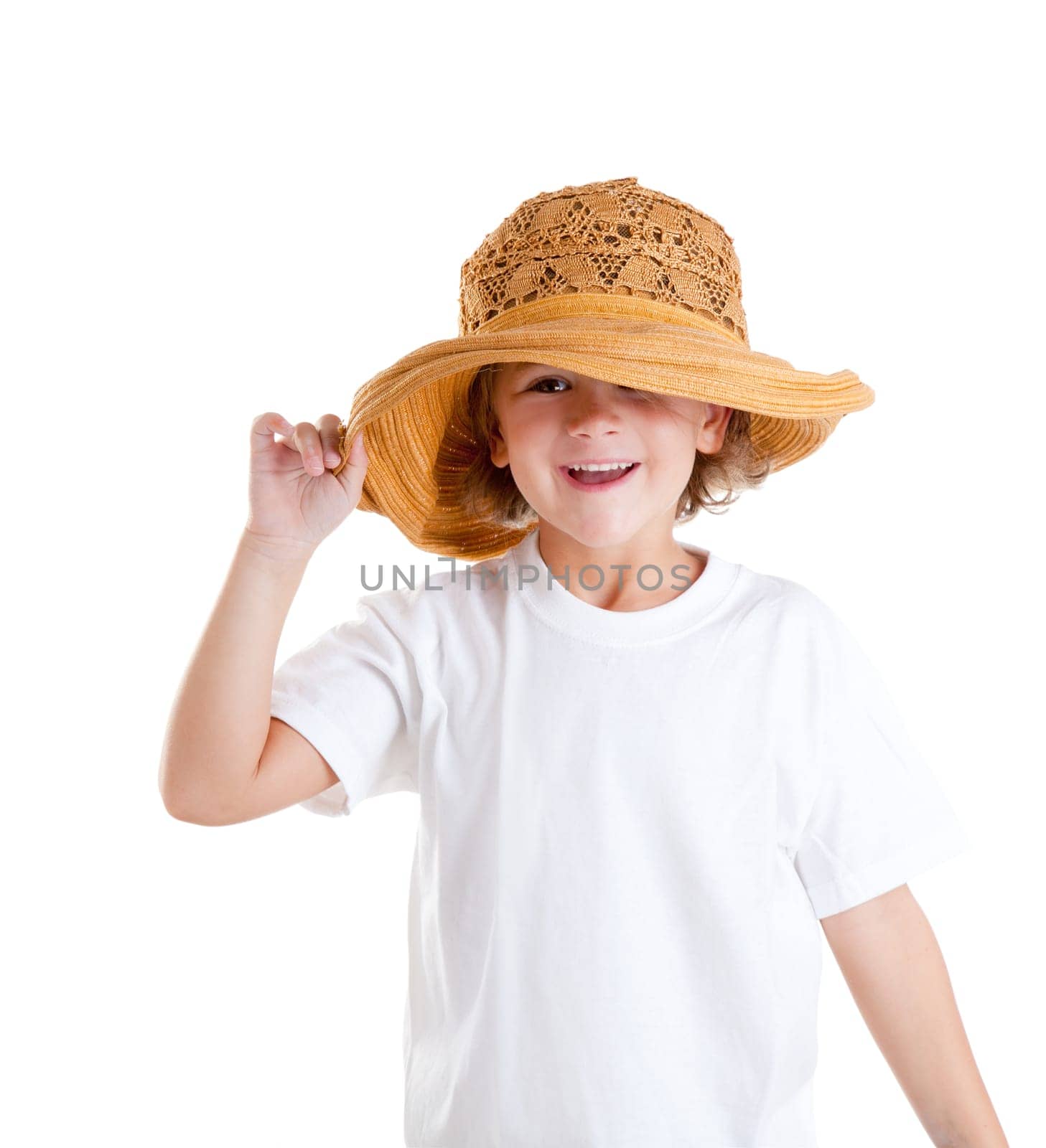 happy little kid girl with summer hat isolated on white