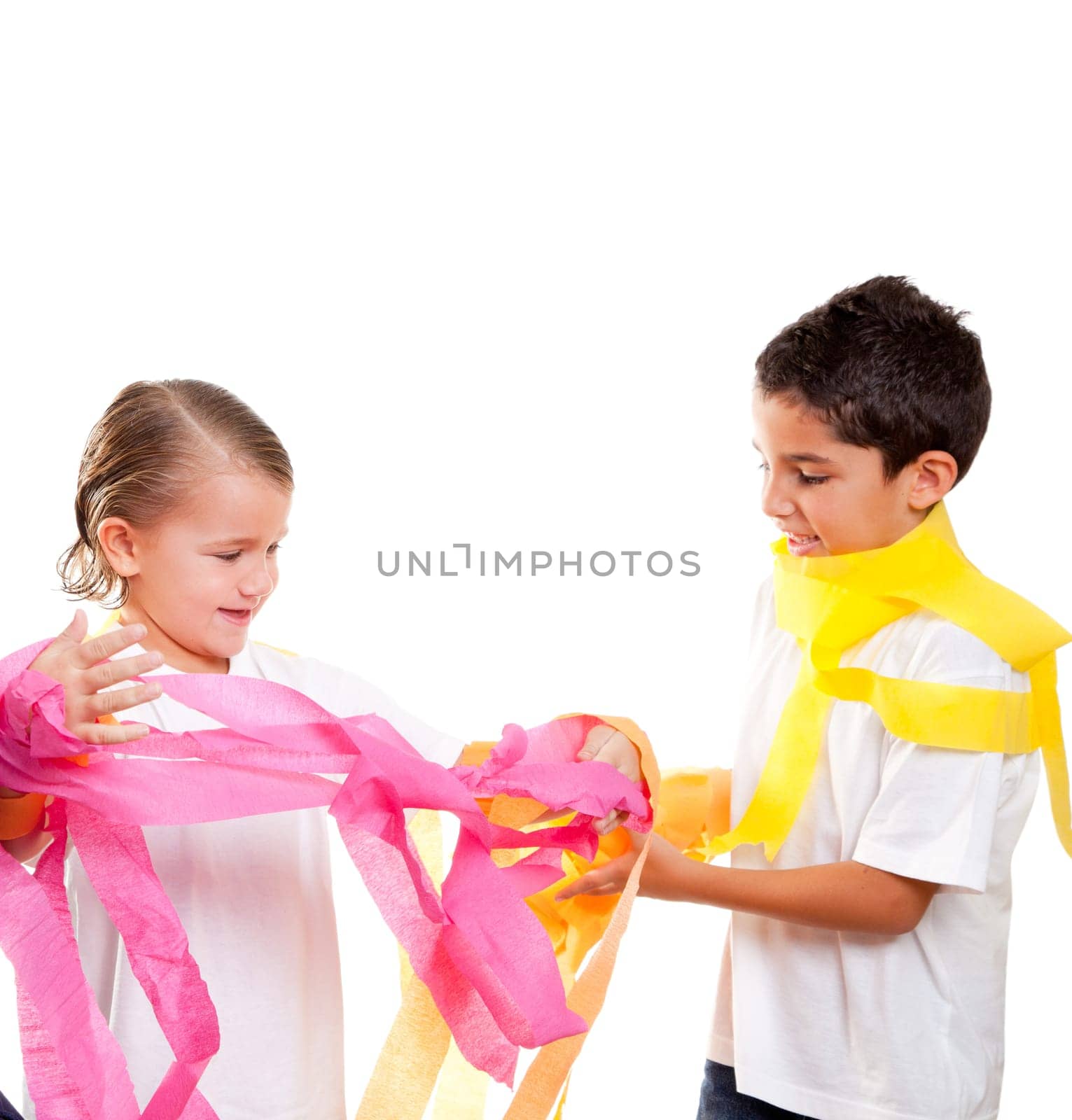 two children kids in a party with messy colorful paper ribbon