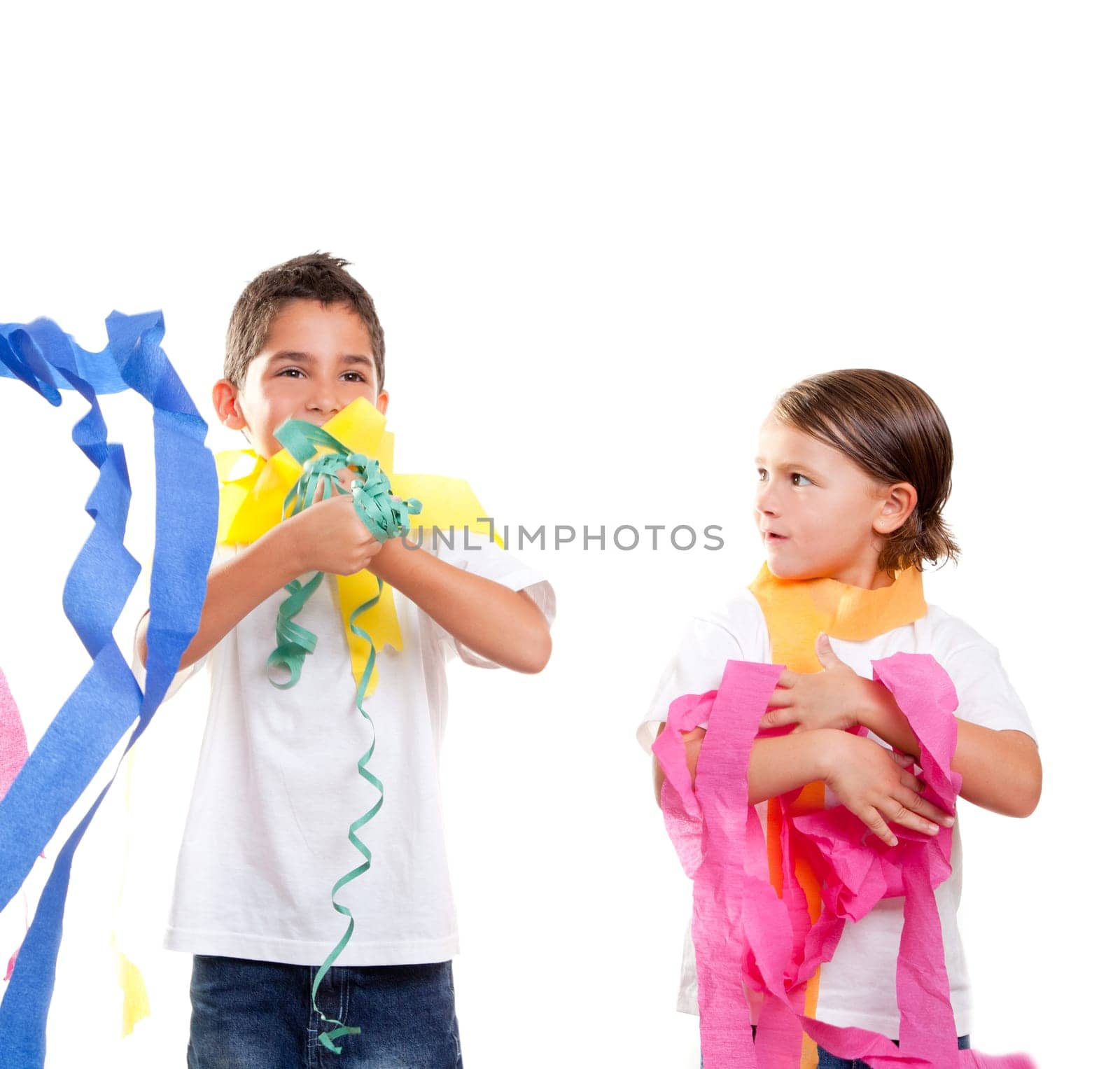 two children kids in a party with messy colorful paper ribbon