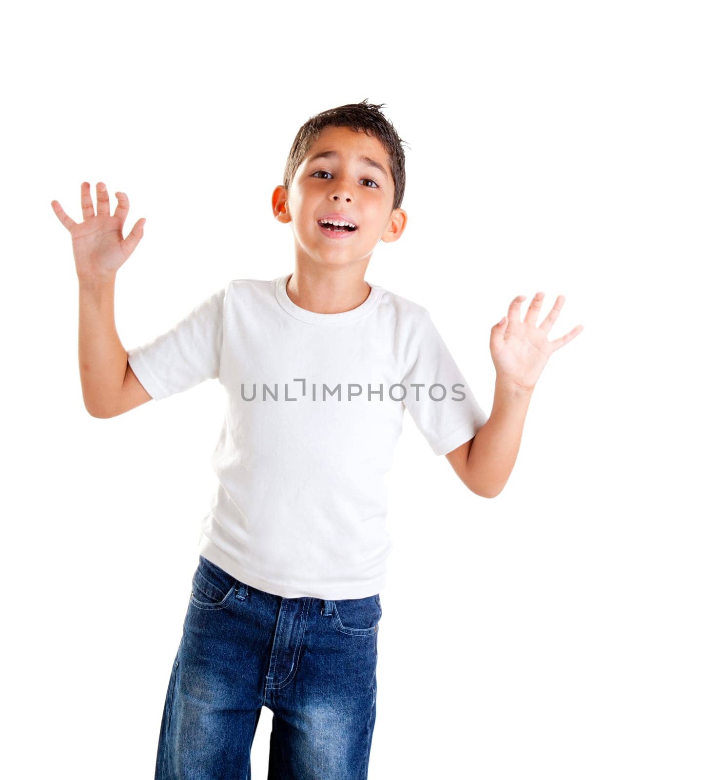 children with funny expression gesture open hand fingers isolated on white