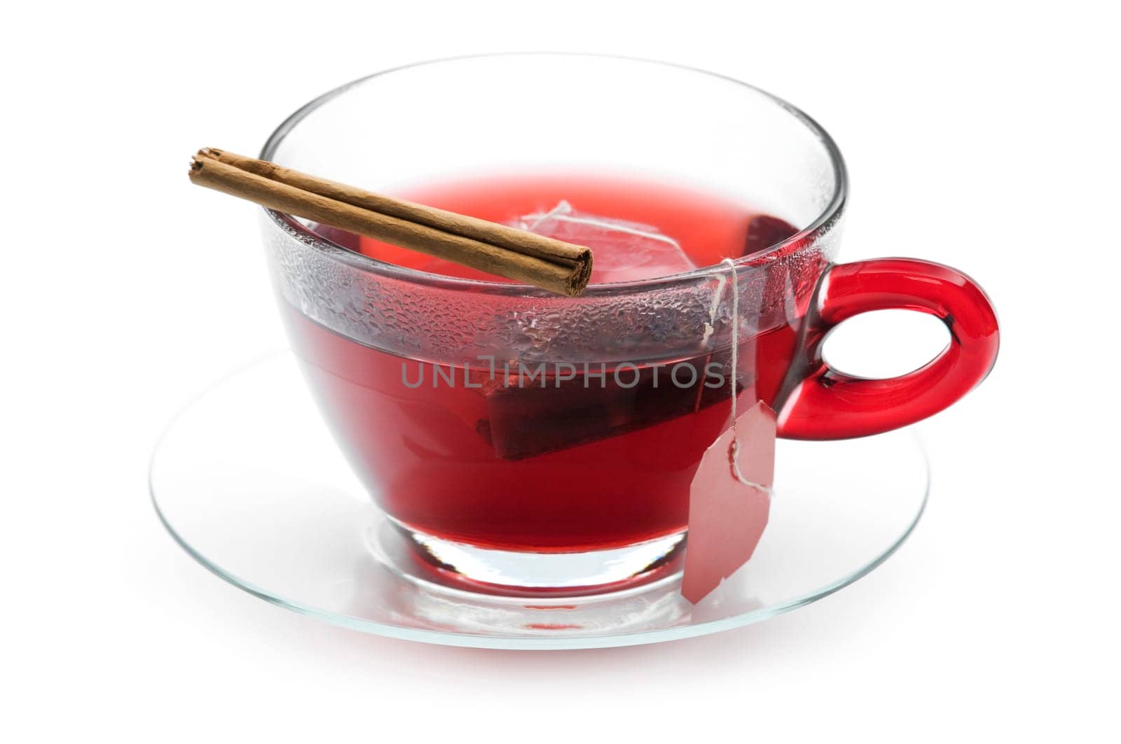 Cup of red hot tea isolated on white