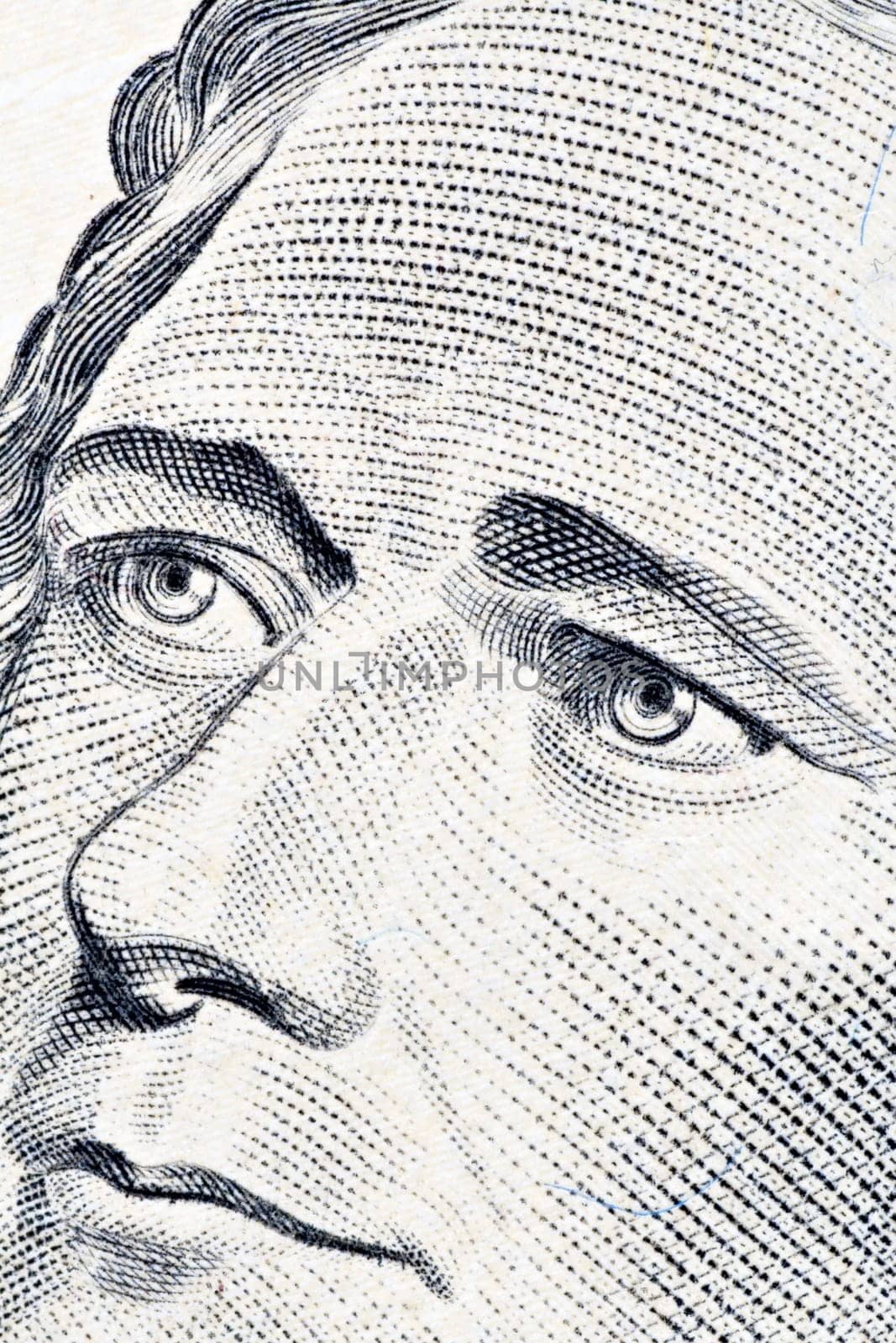 Close-up of Alexander Hamilton&#039 s ten dollars portrait
